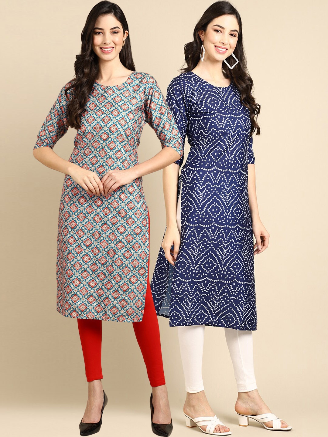 

7Threads Women Set Of 2 Blue & Grey Ethnic Motifs Printed Crepe Kurta