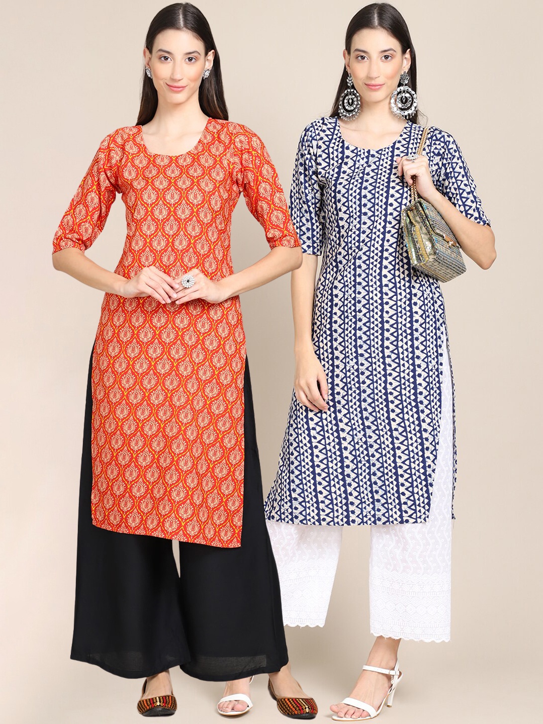 

7Threads Women Set of 2 Printed Handloom Straight Crepe Kurta, Multi