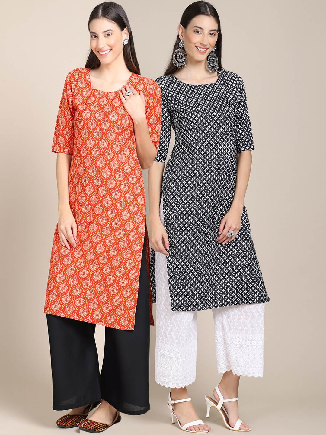 

7Threads Women Pack of 2 Orange & Black Ethnic Motifs Crepe Kurta