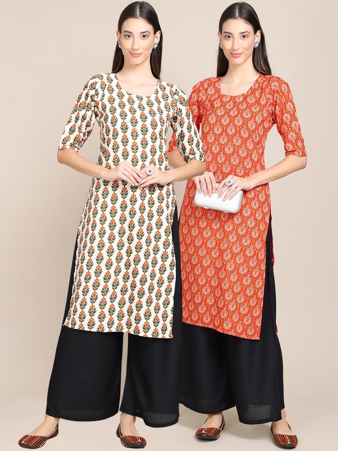 

7Threads Women Pack of 2 Off White & Orange Ethnic Motifs Printed Crepe Kurta