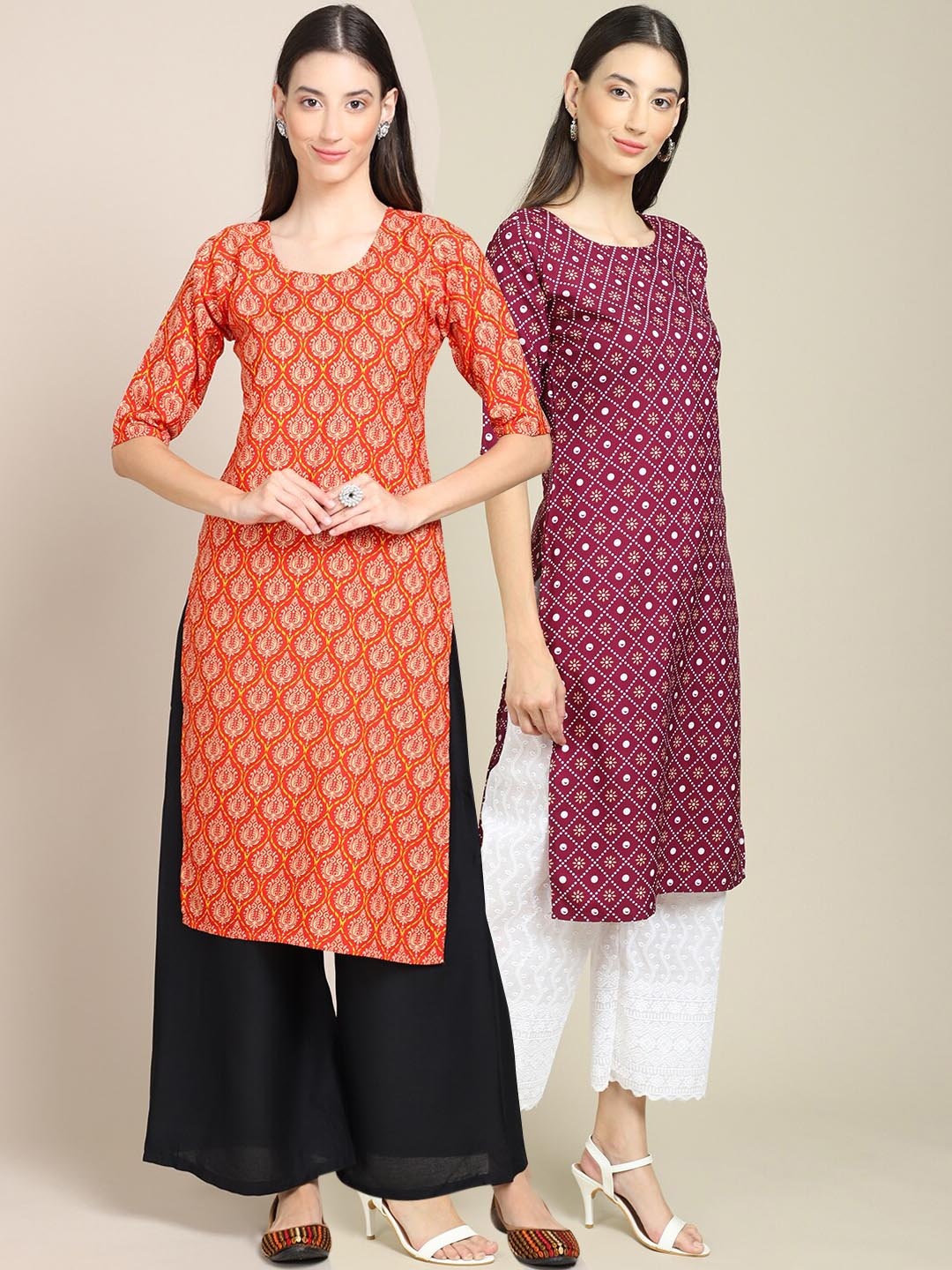 

7Threads Women Multicoloured Pack Of 2 Ethnic Motifs Printed Crepe Kurta, Multi