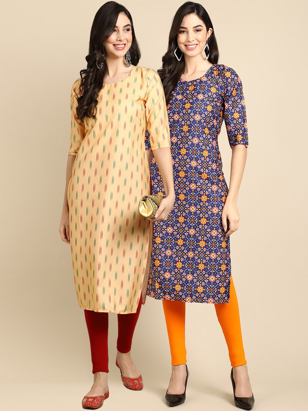 

7Threads Women Pack of 2 Cream-Coloured & Blue Ethnic Motifs Printed Crepe Kurta