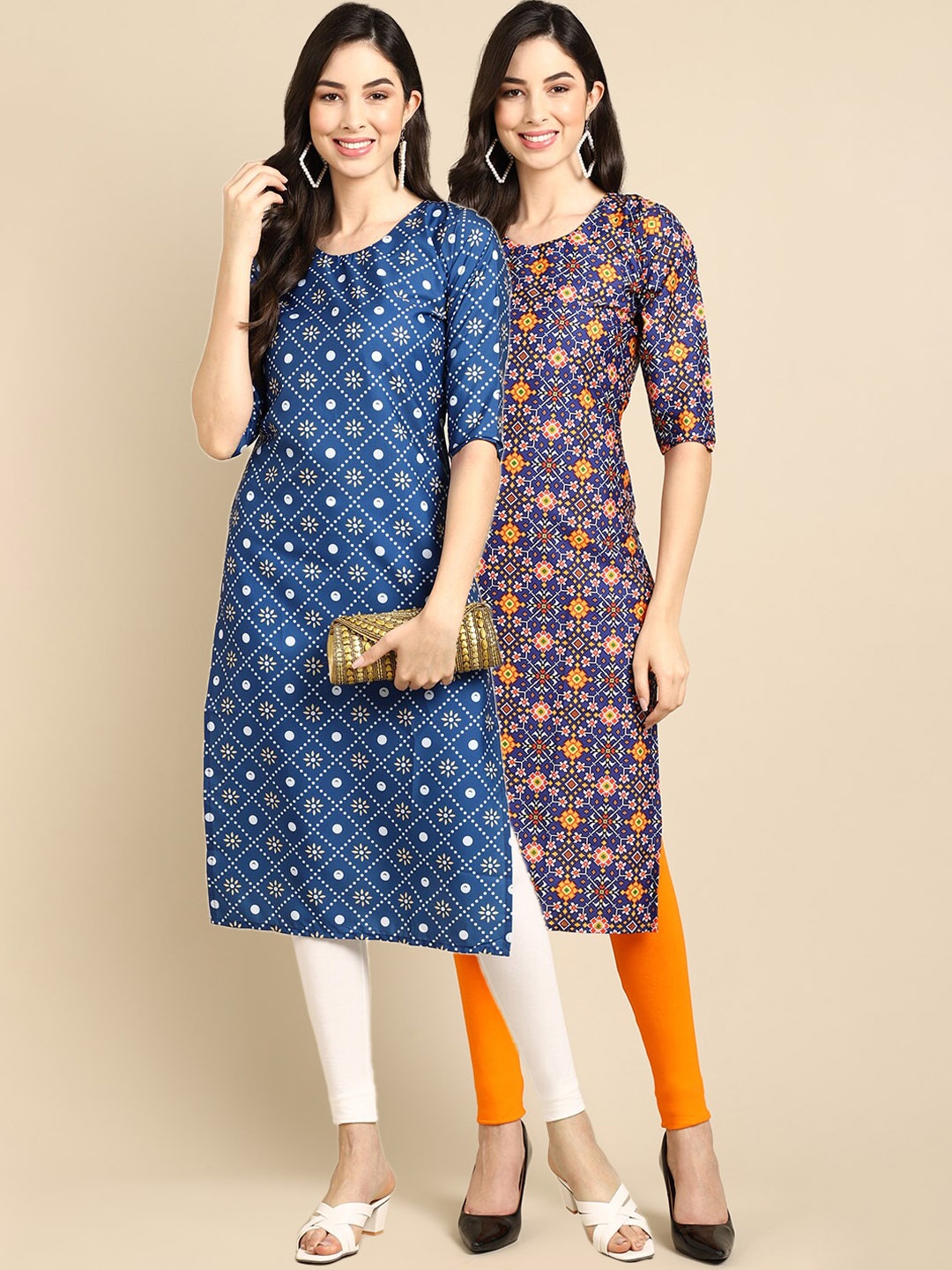 

7Threads Women Pack of 2 Blue & Navy Blue Ethnic Motifs Printed Crepe Kurta