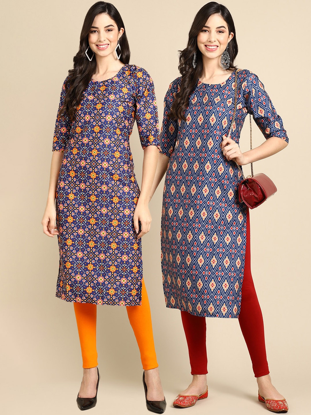 

7Threads Women Pack Of 2 Blue Geometric Printed Crepe Kurta