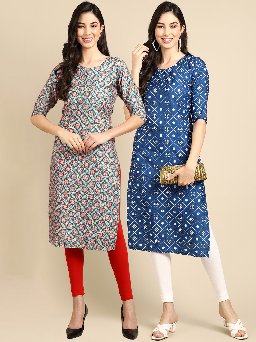 

7Threads Women Pack of 2 Printed Crepe Kurta, Grey