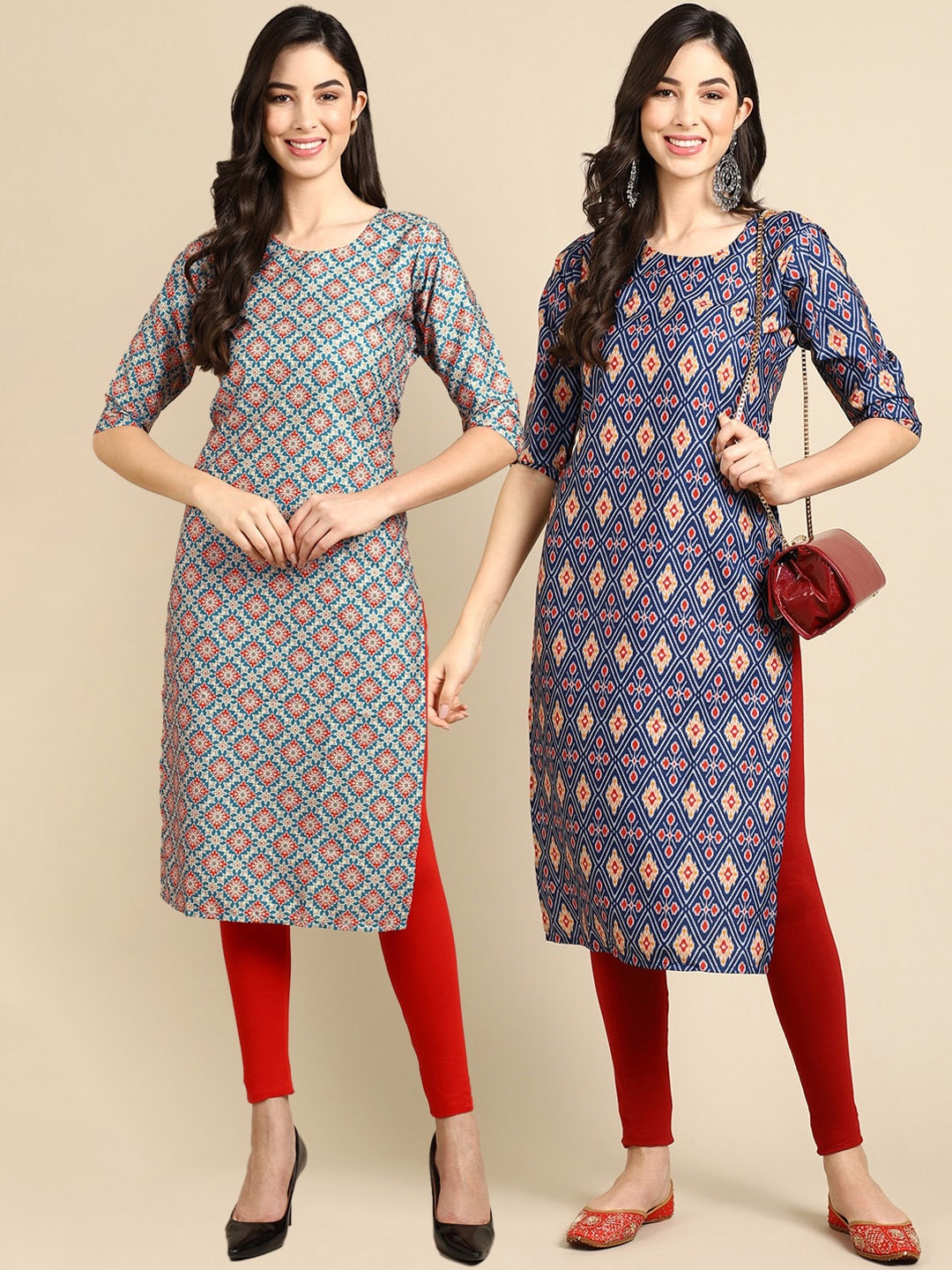 

7Threads Women Pack Of 2 Blue & Grey Ethnic Motifs Printed Crepe Kurta