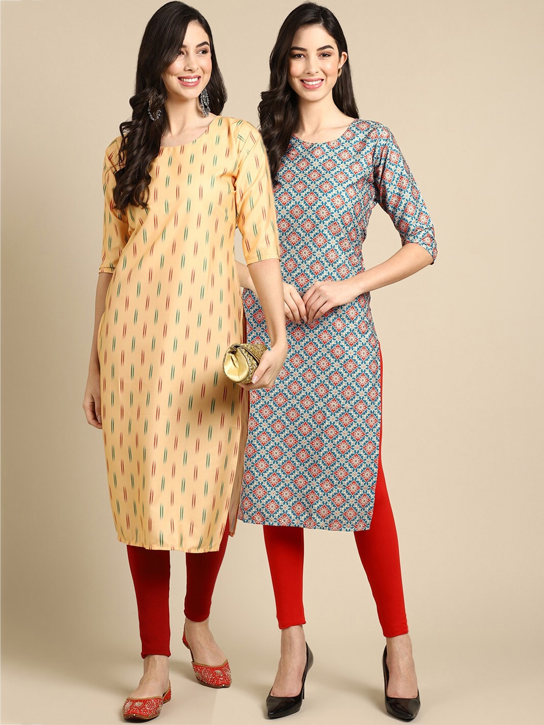 

7Threads Women Pack of 2 Yellow & Blue Digital Printed Crepe Straight Kurtas