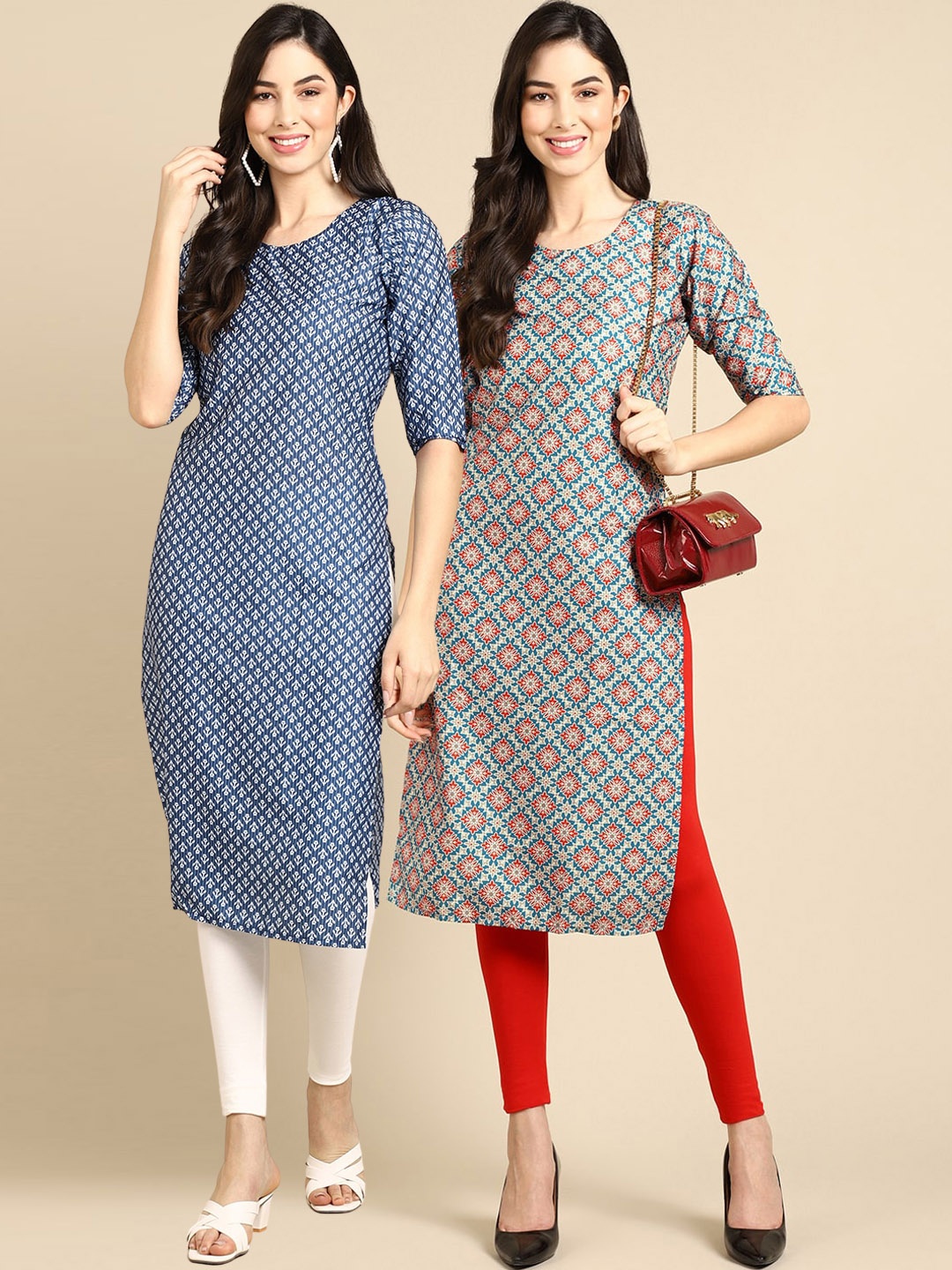 

7Threads Women Blue Geometric Printed Block Print Handloom Crepe Kurta