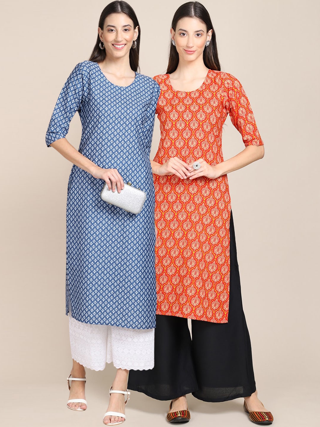 

7Threads Women Pack of 2 Blue & Orange Ethnic Motifs Printed Crepe Kurta