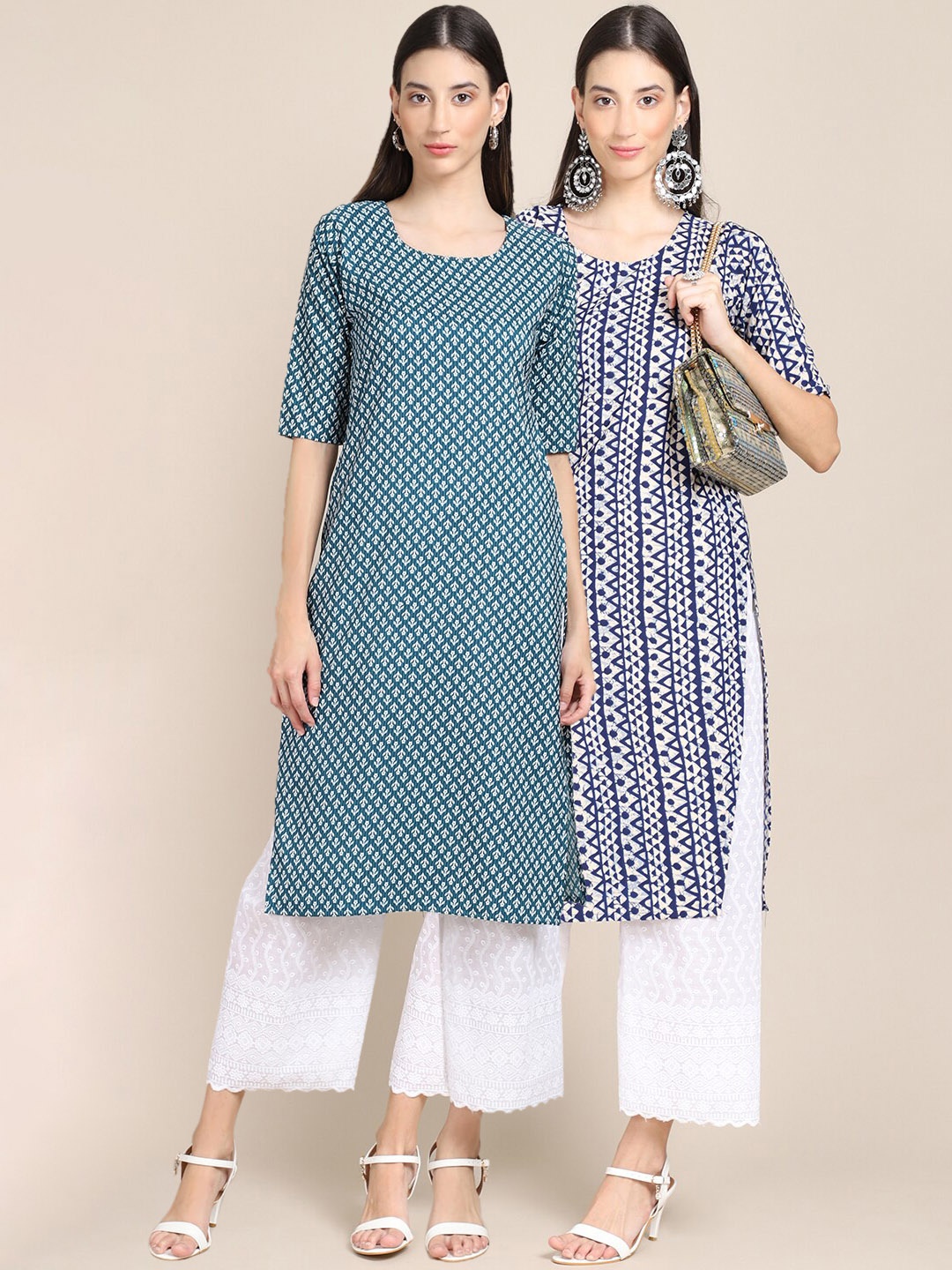 

7Threads Women Pack Of 2 Blue & White Ethnic Motifs Printed Crepe Kurta