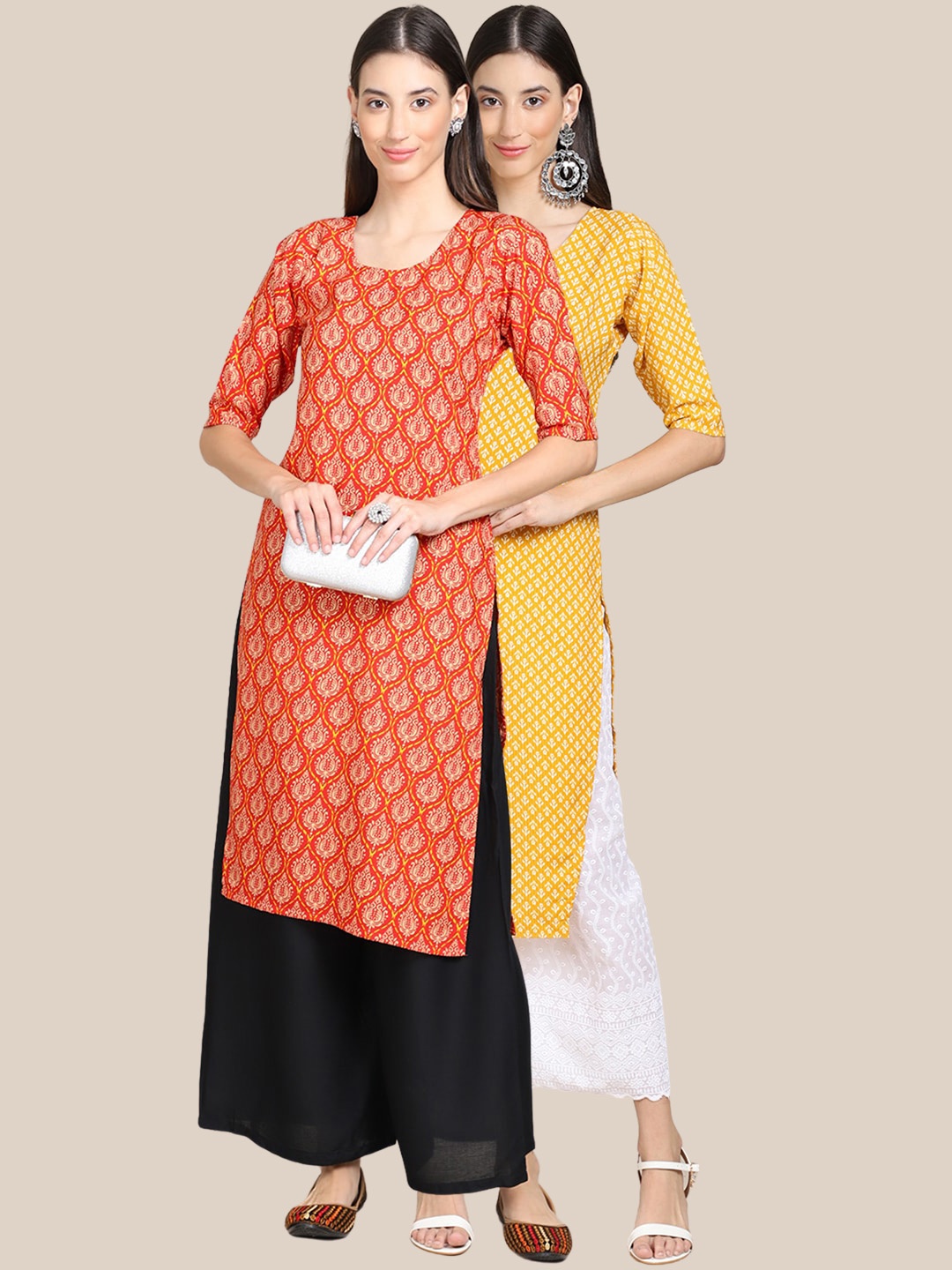 

7Threads Women Pack of 2 Red & Yellow Geometric Printed Crepe Kurta