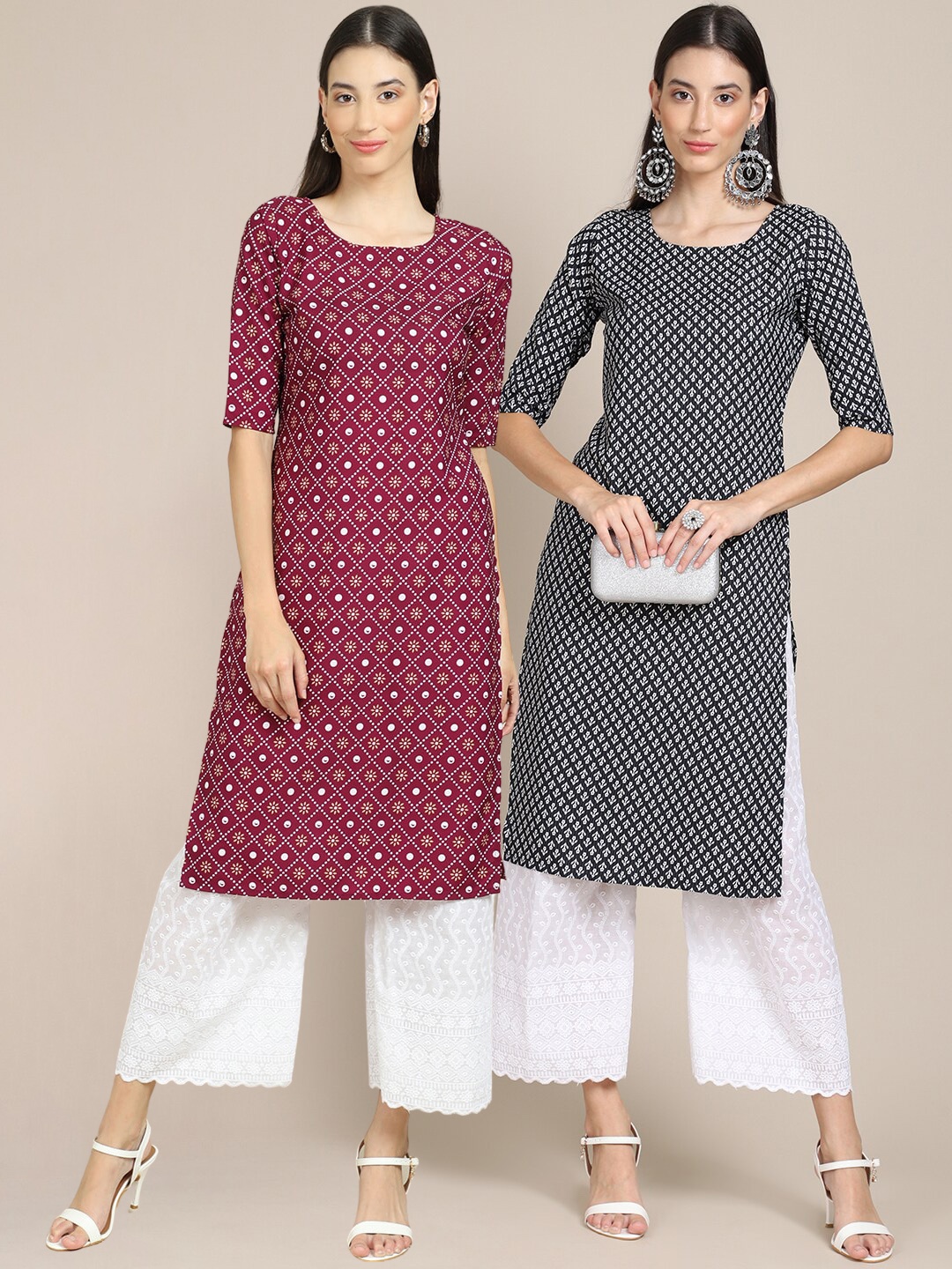 

7Threads Women Pack Of 2 Maroon & Black Geometric Printed Block Print Crepe Kurtas