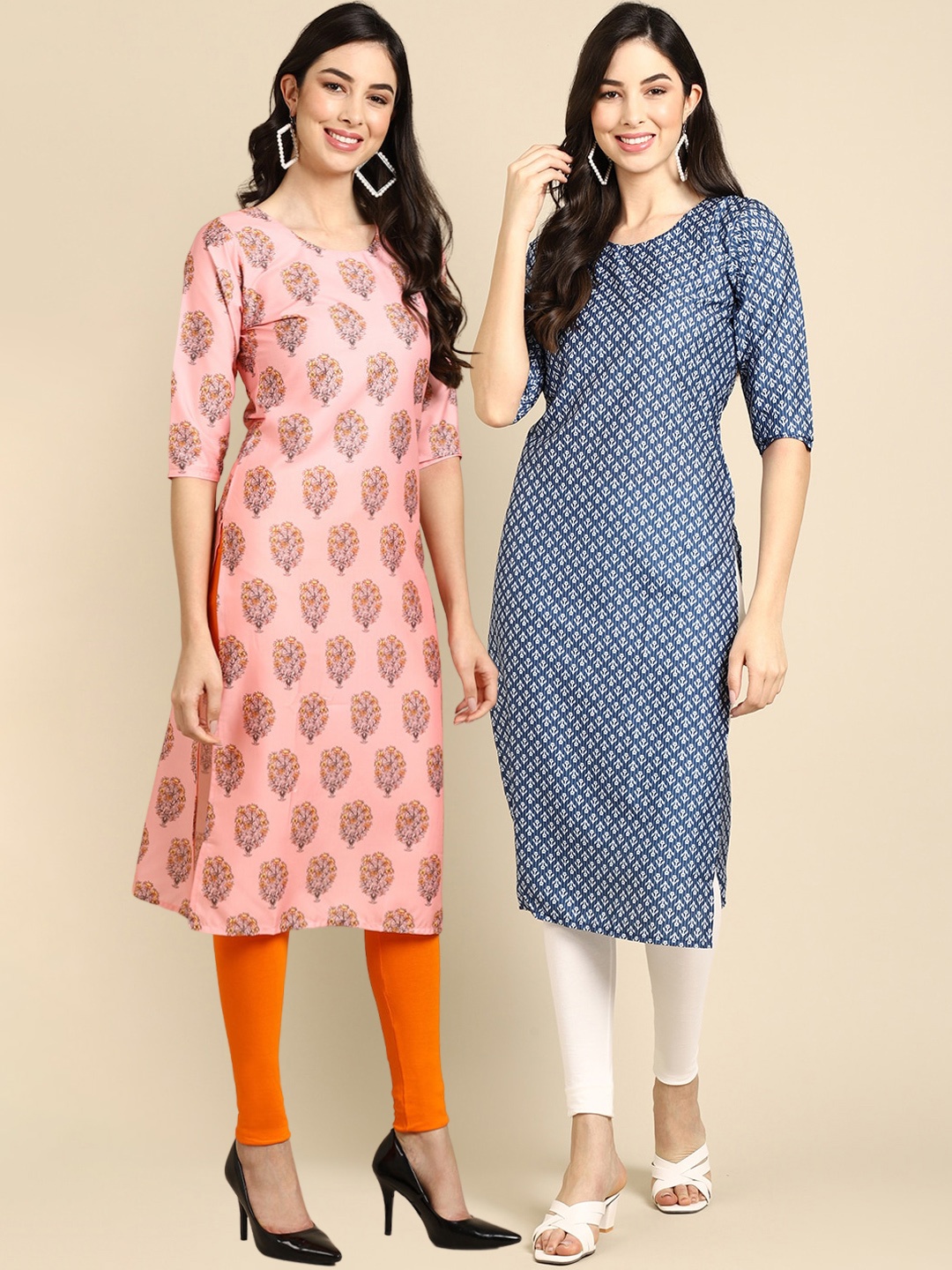 

7Threads Women Pack Of 2 Geometric Printed Crepe Kurta, Peach