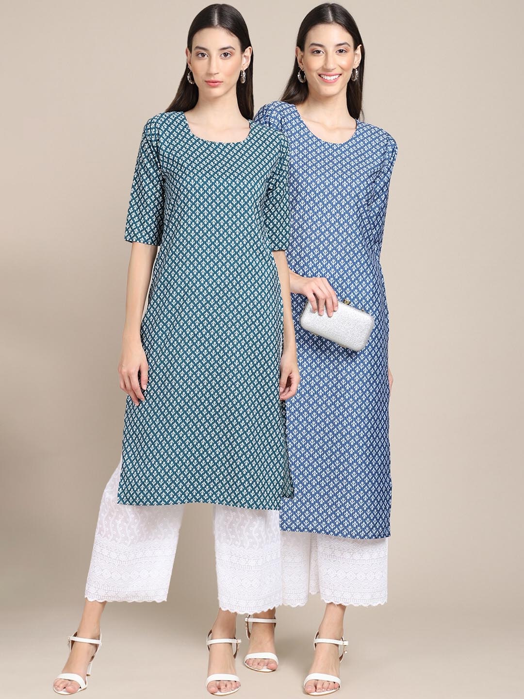 

7Threads Women Pack Of 2 Green & Blue Geometric Striped Block Print Handloom Crepe Kurtas