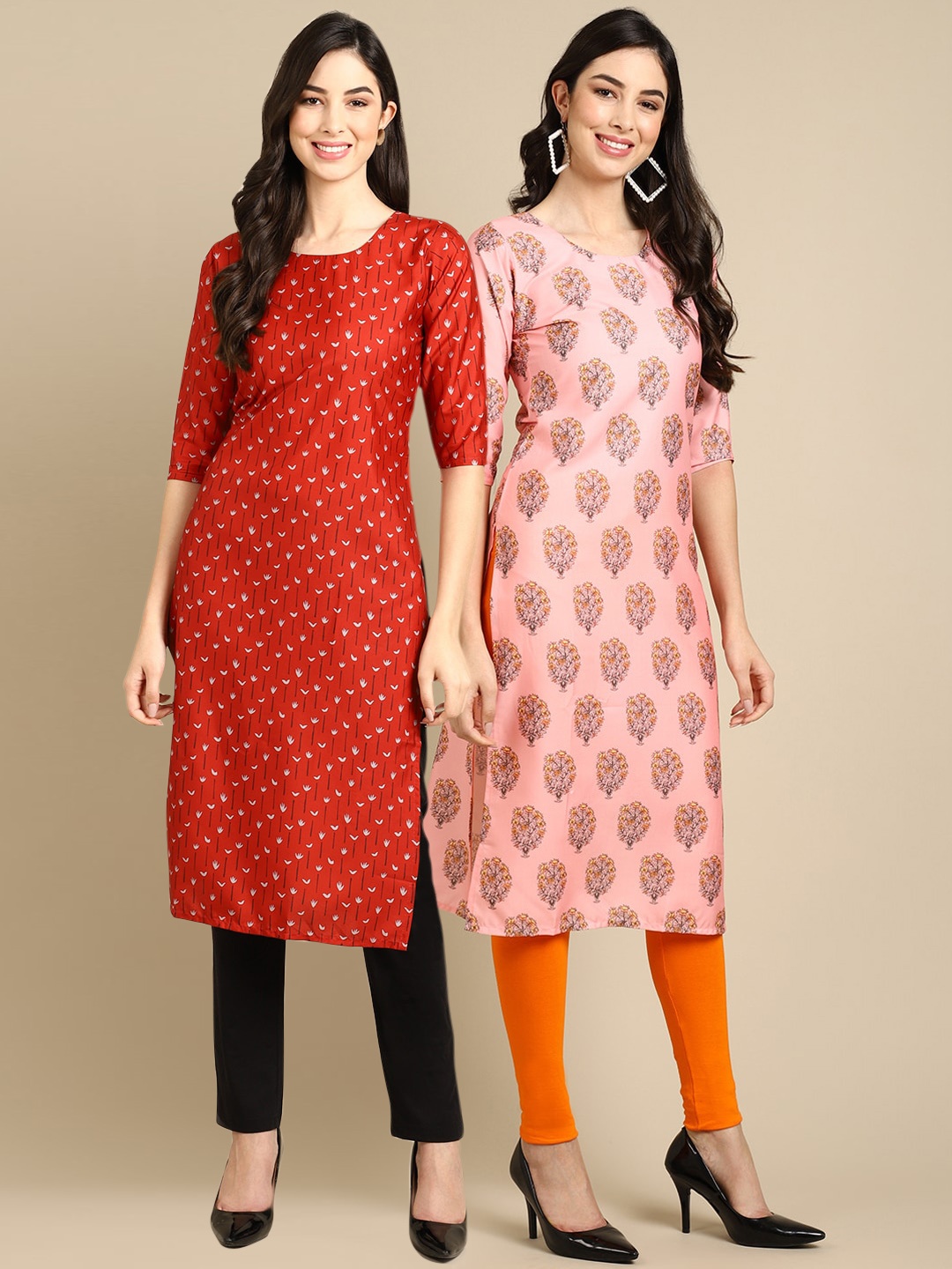 

7Threads Women Pack Of 2 Red & Pink Geometric Printed Block Print Crepe Kurtas