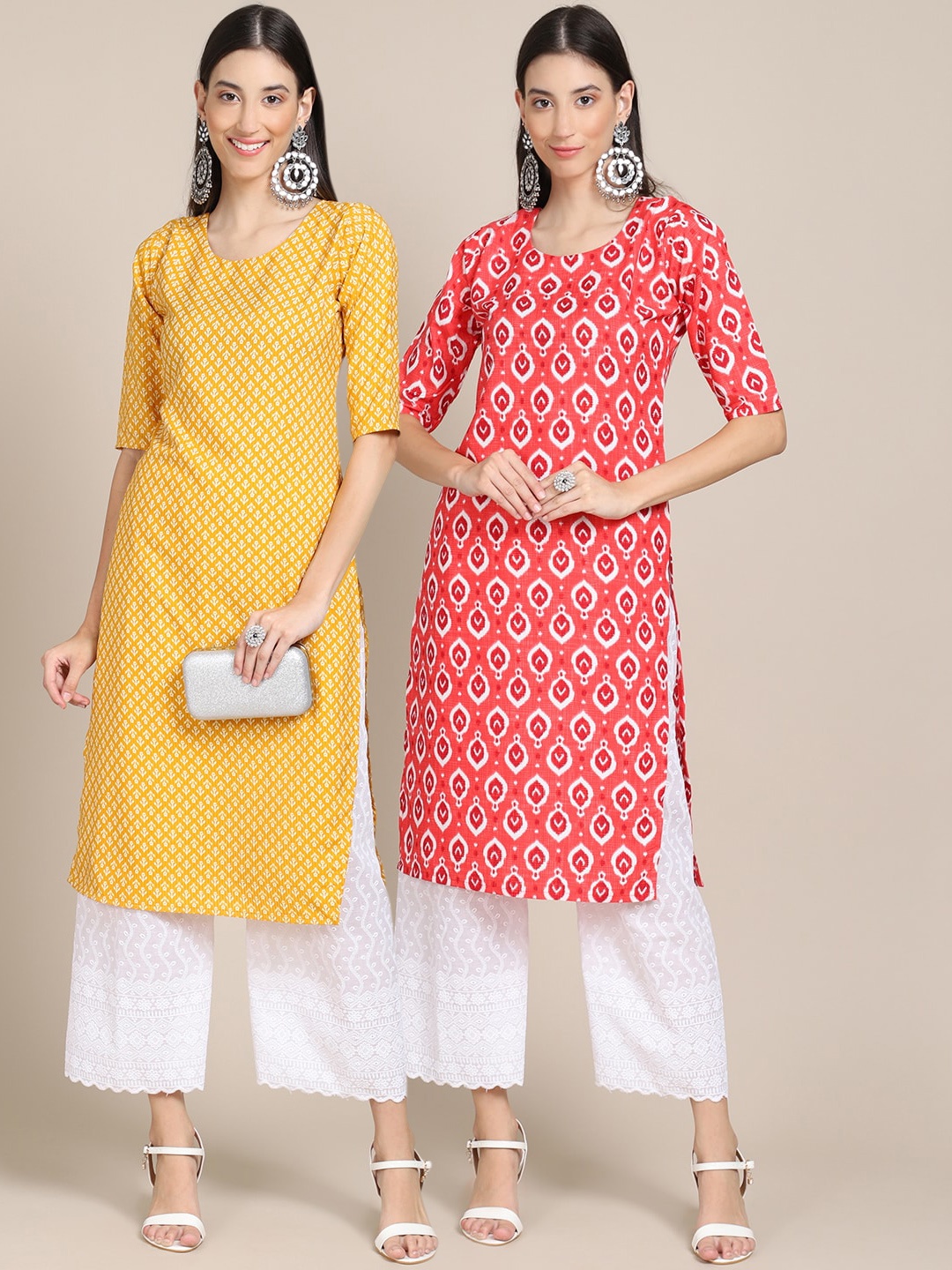 

7Threads Women Pack of 2 Yellow & Coral Geometric Printed Crepe Kurta