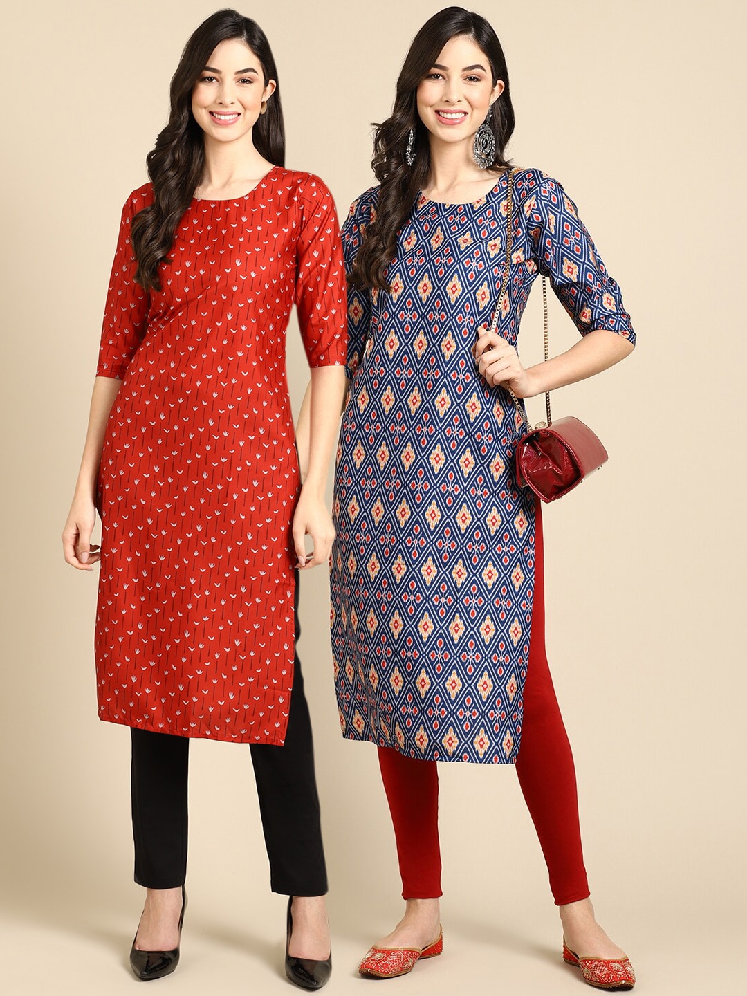 

7Threads Women's Crepe Red & Blue Color Printed Straight Handloom Kurta (PACK OF 2)