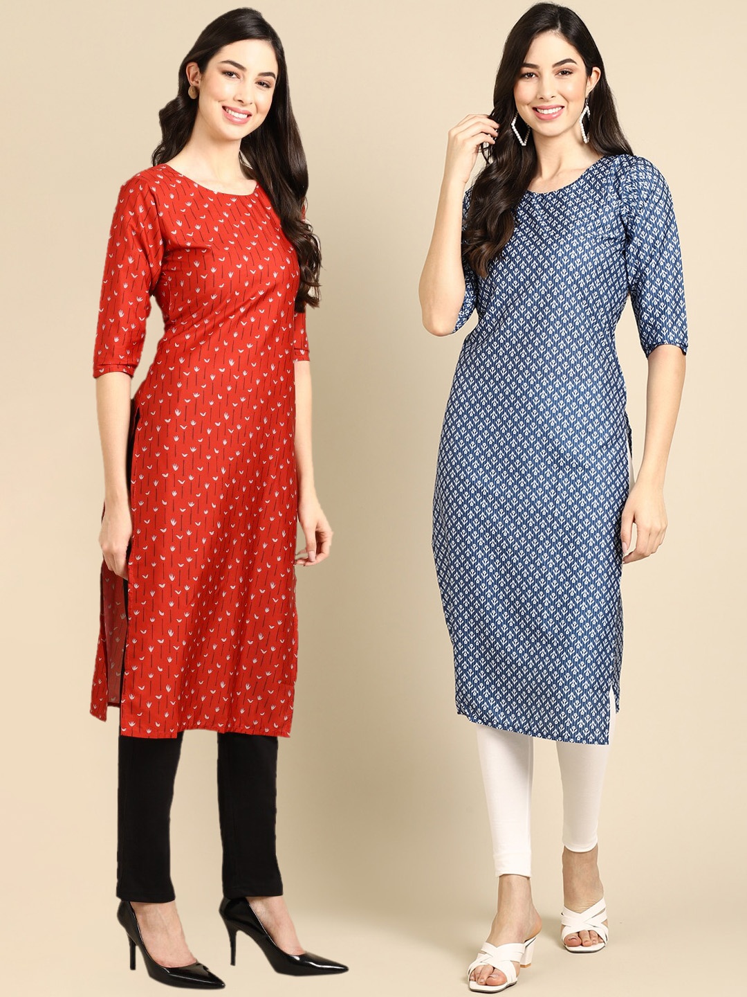 

7Threads Pack Of 2 Women Red & Blue Printed Handloom Crepe Kurta