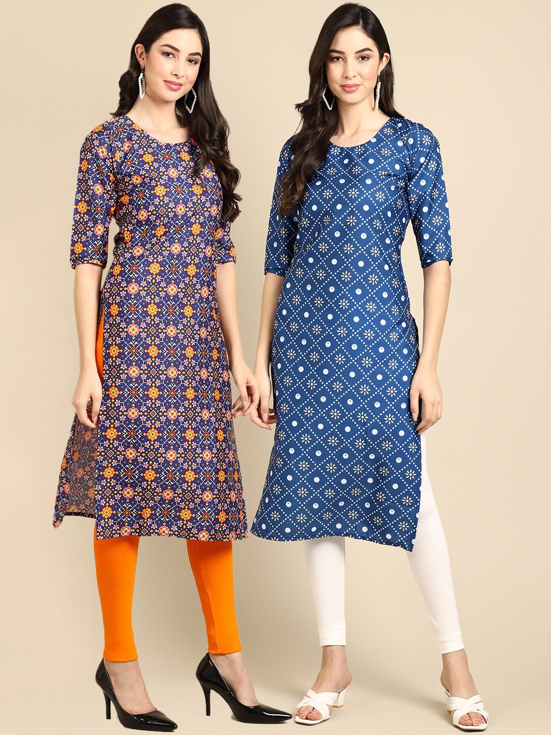 

7Threads Women Pack of 2 Blue Geometric Printed Crepe Kurta