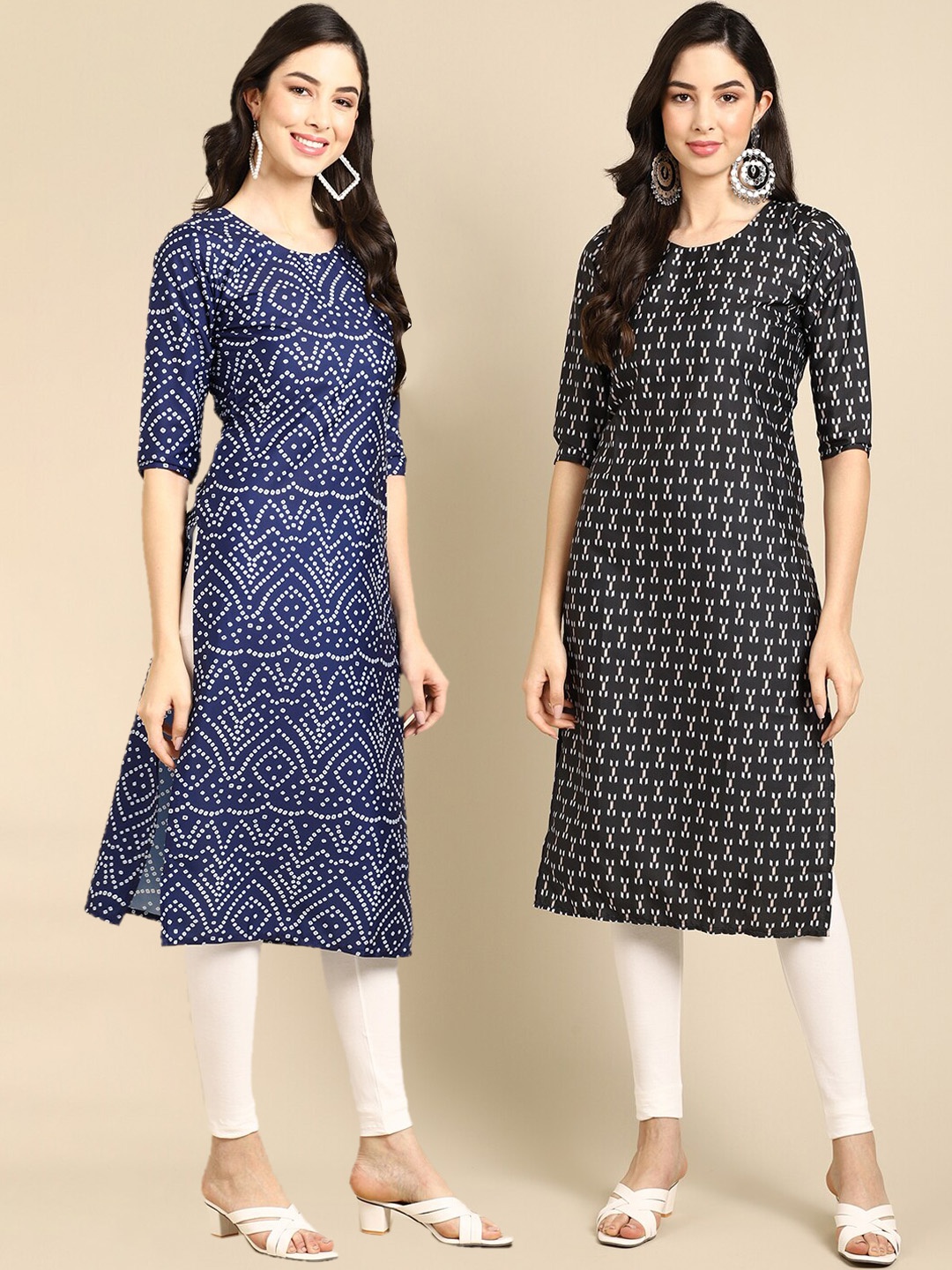 

7Threads Women Pack of 2 Blue & Black Geometric Checked Crepe Kurta