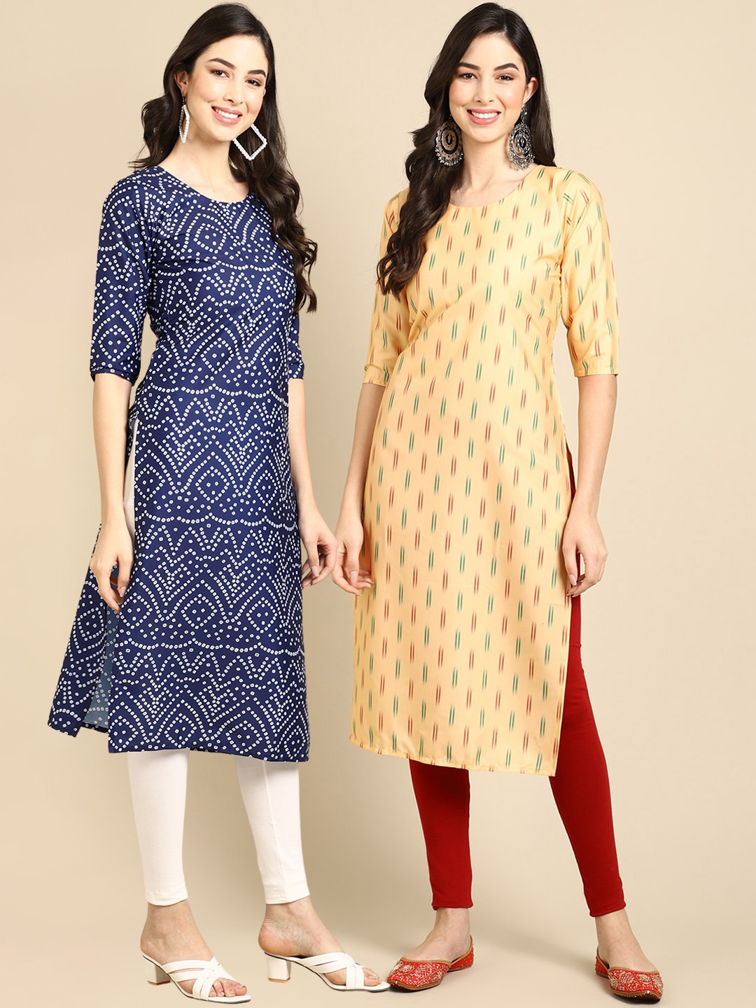 

7Threads Women Blue & Yellow Pack Of 2 Geometric Printed Crepe Kurta