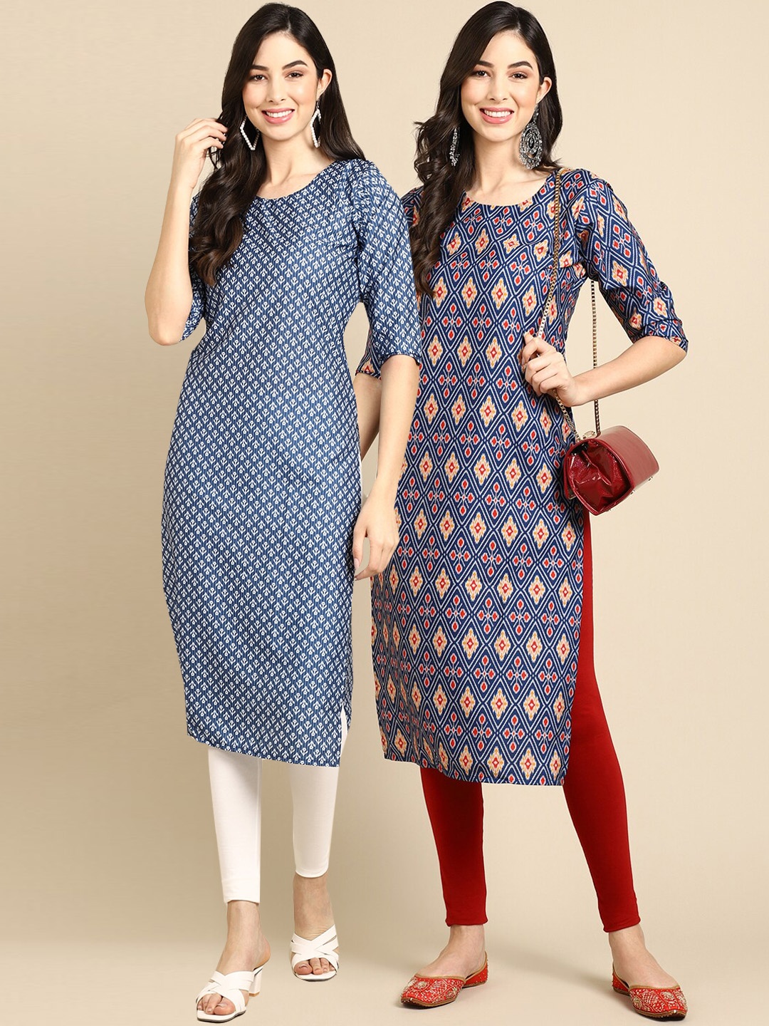 

7Threads Women Pack of 2 Navy Blue & Blue Ethnic Motifs Printed Handloom Crepe Kurta