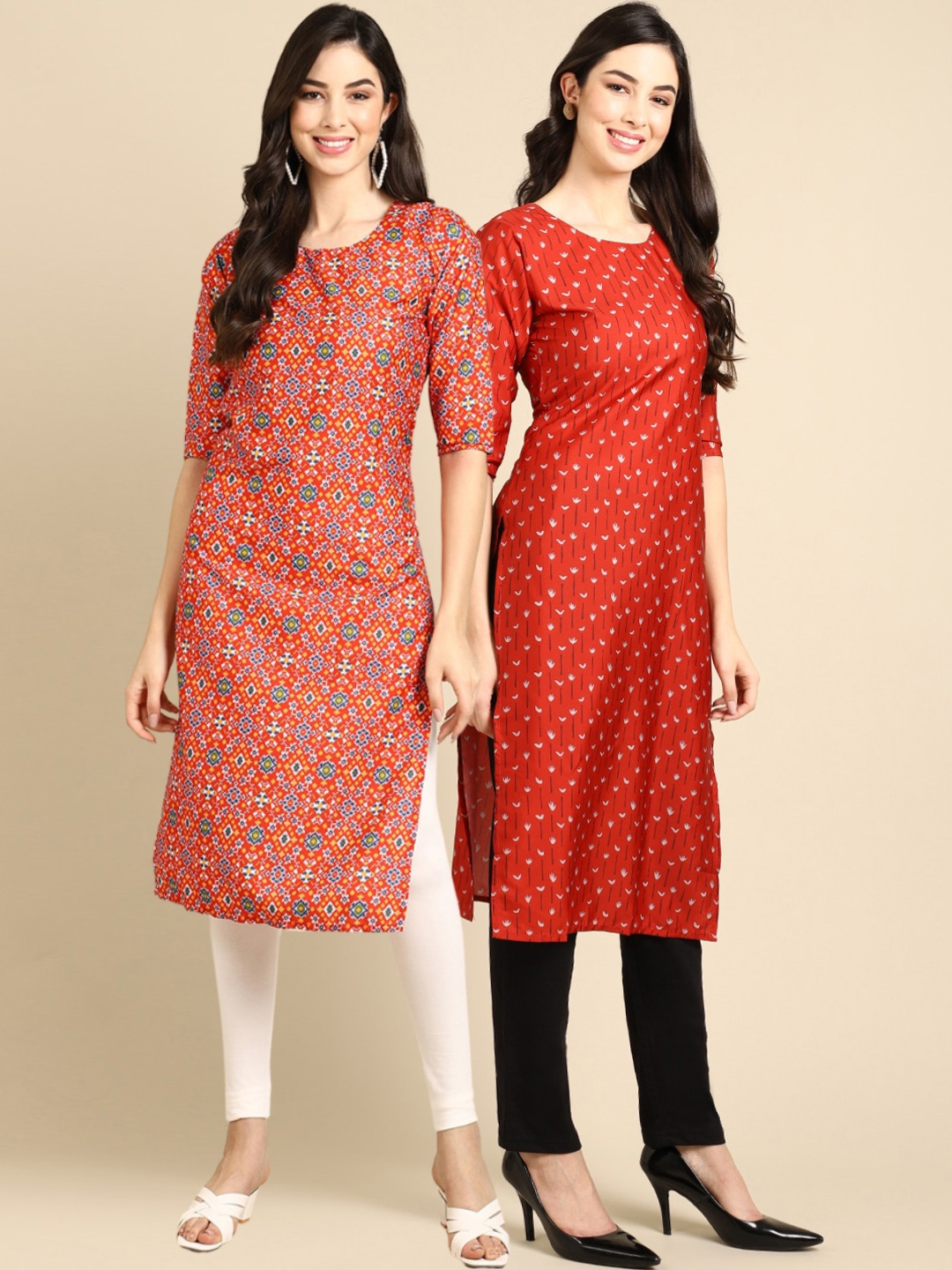 

7Threads Women Pack Of 2 Orange & Red Geometric Printed Block Print Crepe Kurtas