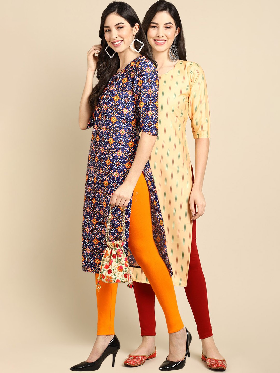 

7Threads Women Pack Of 2 Blue & Yellow Geometric Printed Crepe Kurta