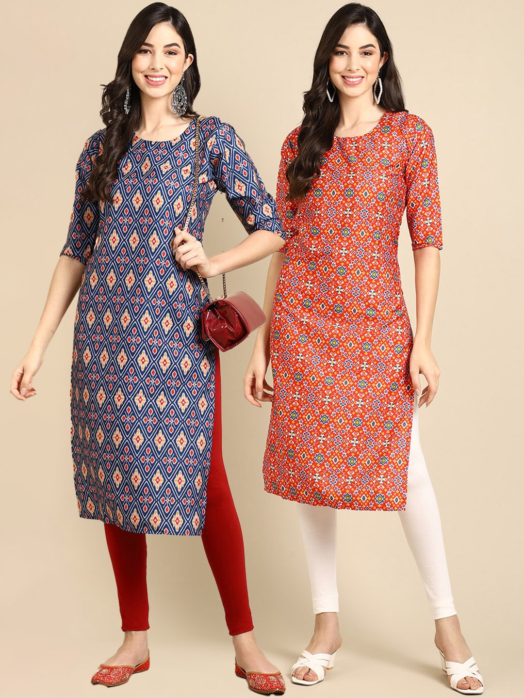 

7Threads Women Pack of 2 Blue & Red Floral Printed Floral Crepe Kurta