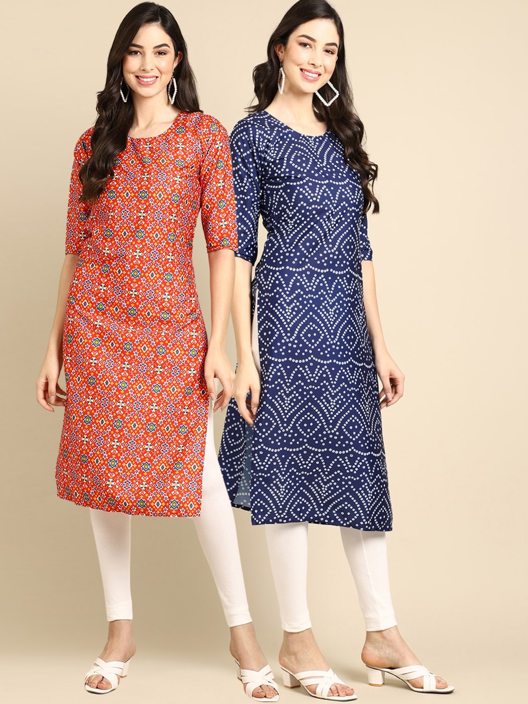 

7Threads Women Pack of 2 Red & Blue Bandhani Printed Crepe Kurta