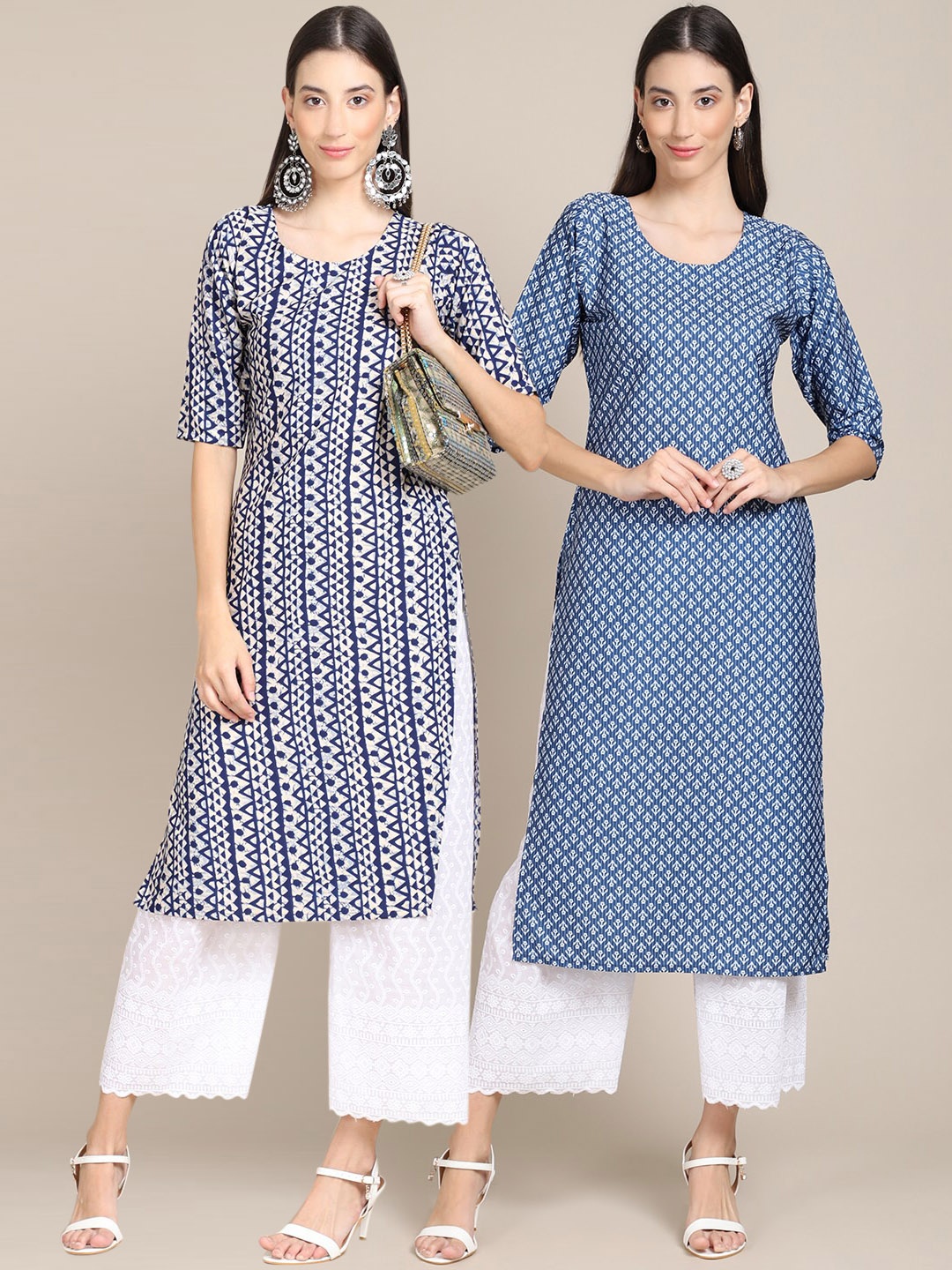 

7Threads Women Pack of 2 Blue Tribal Printed Crepe Kurta