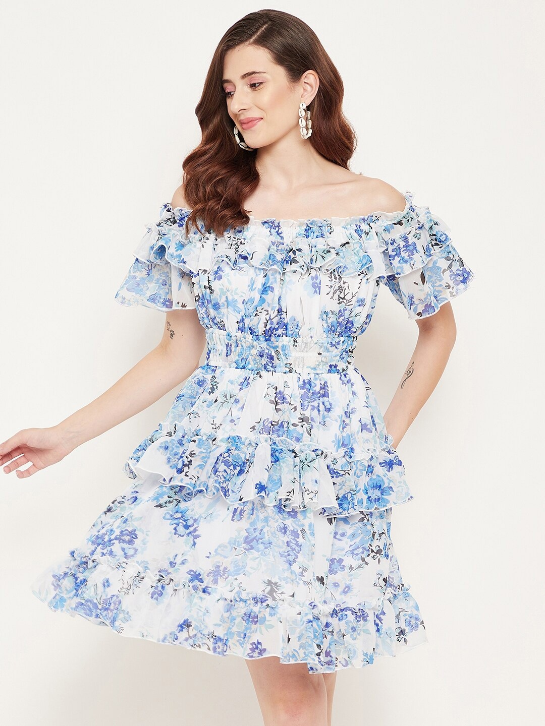 

Bitterlime Floral Off-Shoulder Georgette Fit & Flare Dress, White