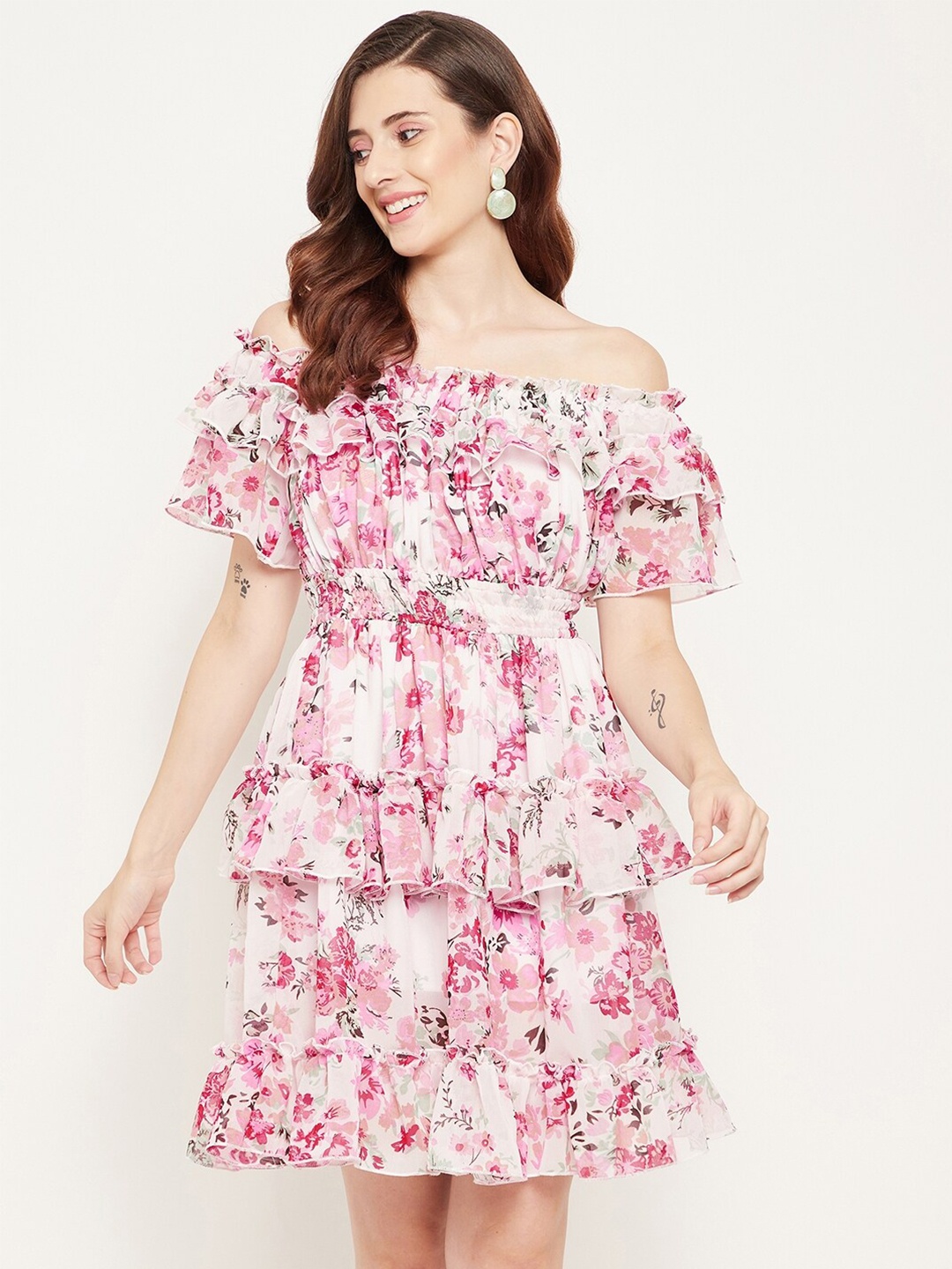 

Bitterlime Pink Floral Off-Shoulder Georgette Dress
