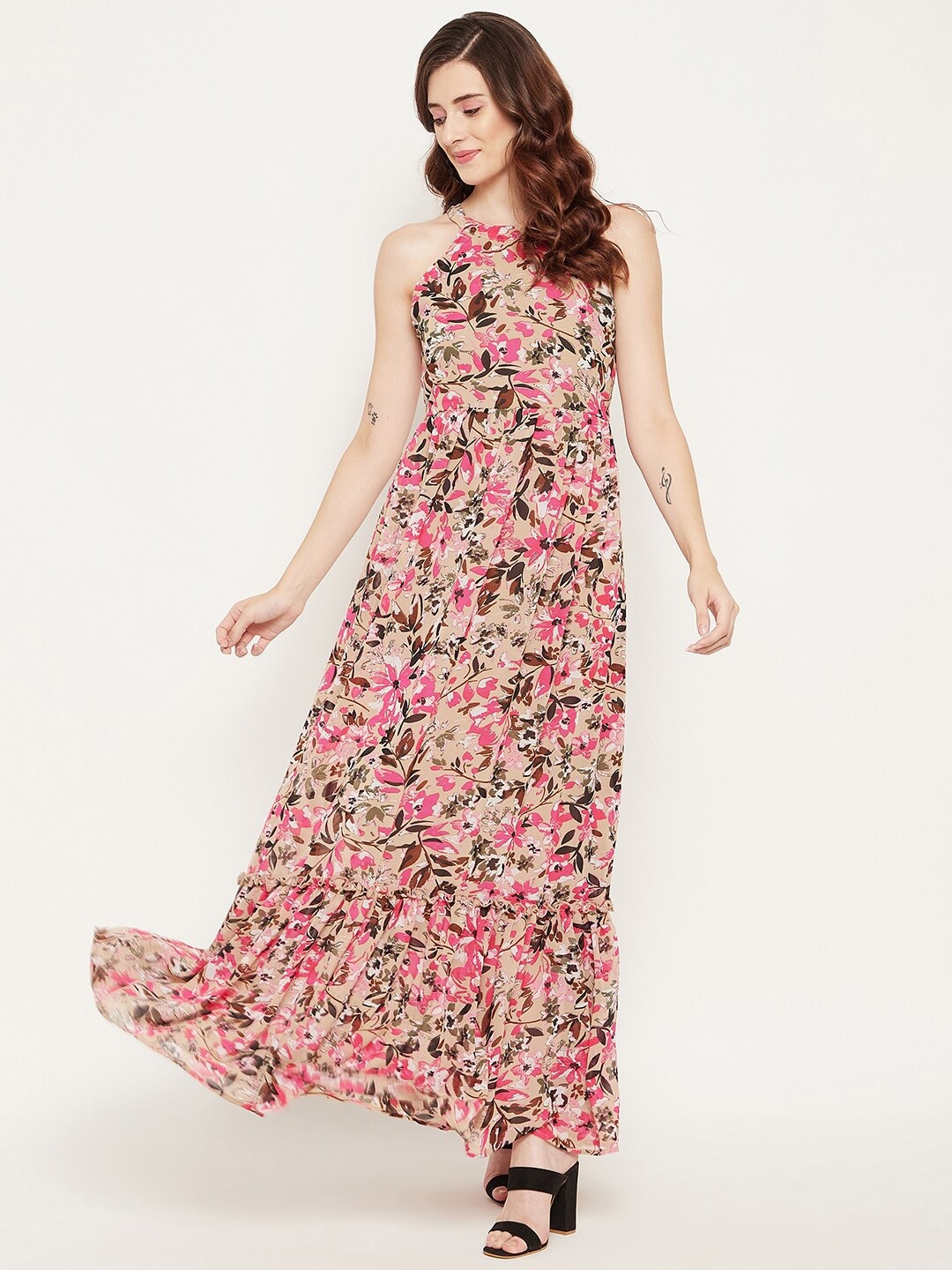 

Bitterlime Women Brown & Pink Floral Halter Neck Georgette Maxi Dress