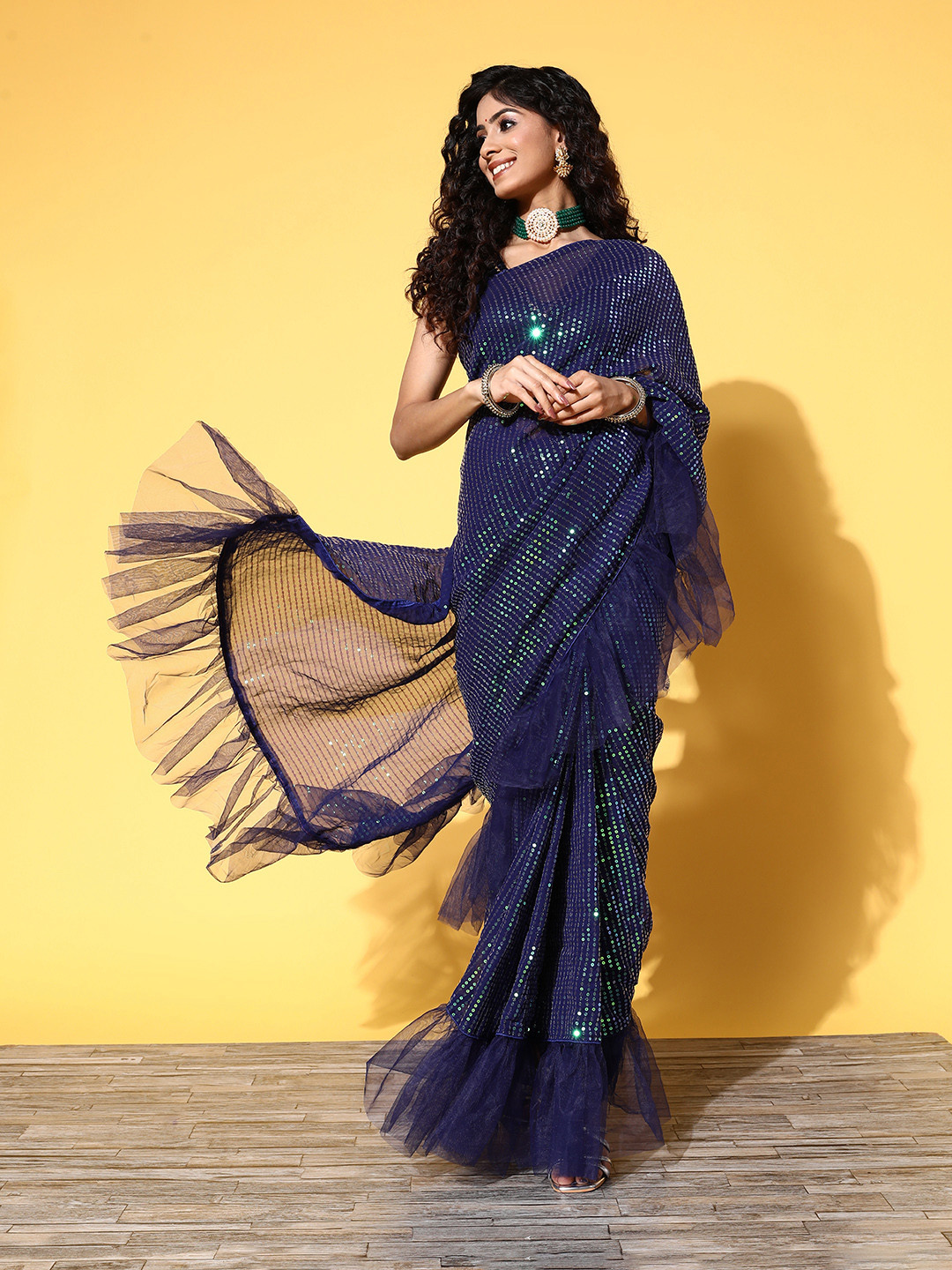 

Tikhi Imli Woman Embellished Sequinned Net Heavy Work Saree, Blue