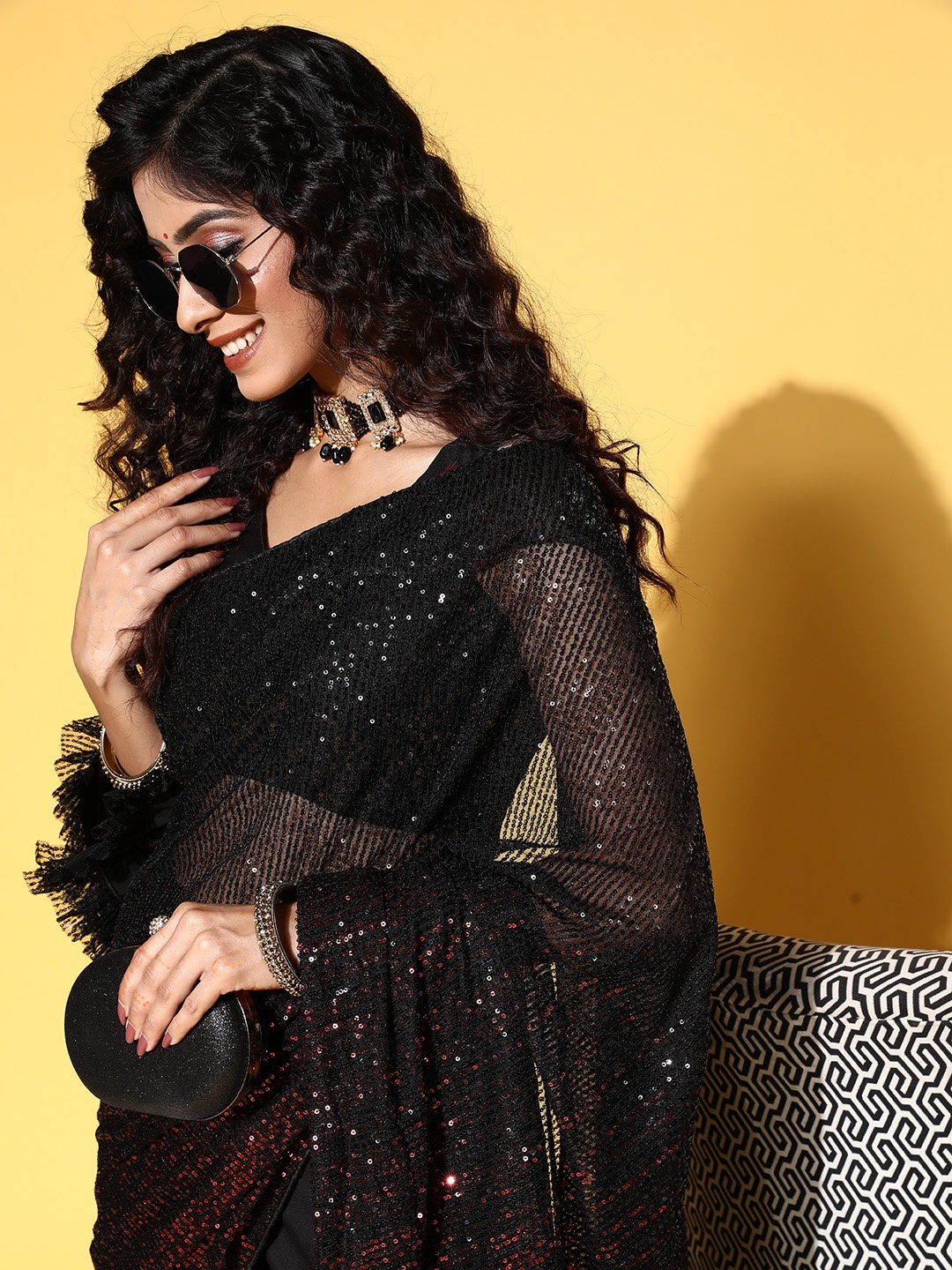 

Tikhi Imli Woman Embellished Sequinned Satin Saree, Black