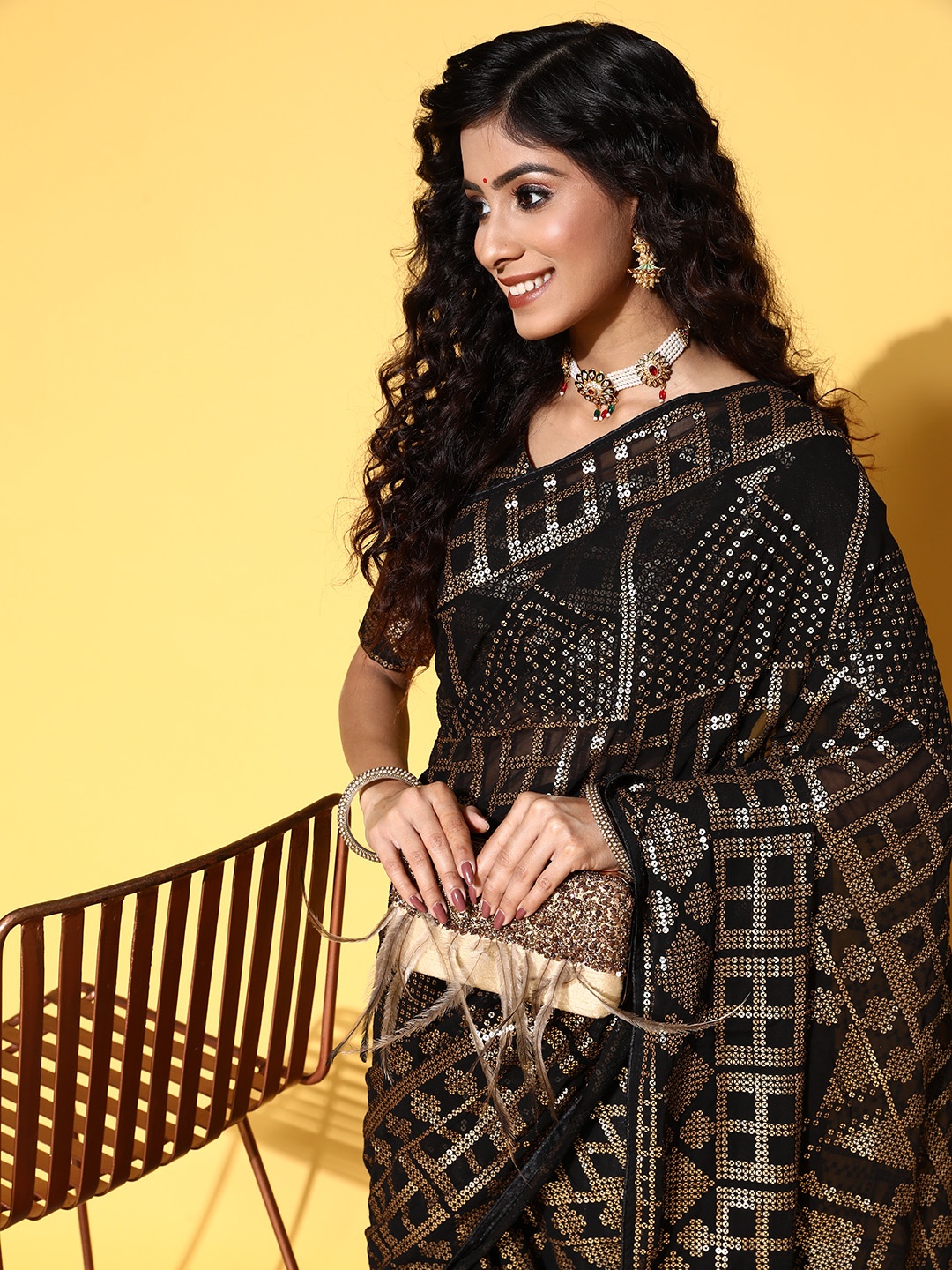 

Tikhi Imli Woman Embellished Sequinned Heavy Work Saree, Black