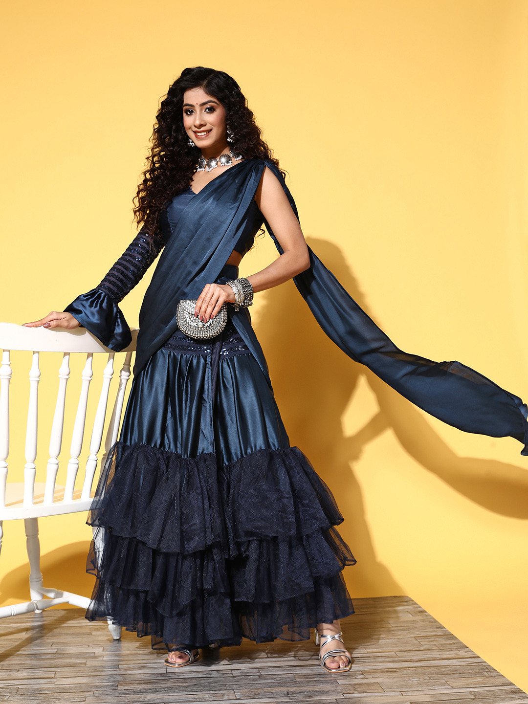 

Tikhi Imli Navy Blue Sequinned Ready to Wear Saree