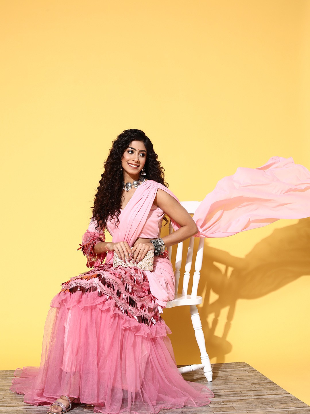 

Tikhi Imli Pink Sequinned Net Ready to Wear Saree