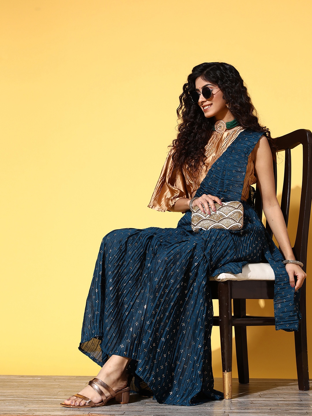 

Tikhi Imli Teal Green Floral Ready to Wear Sharara Saree