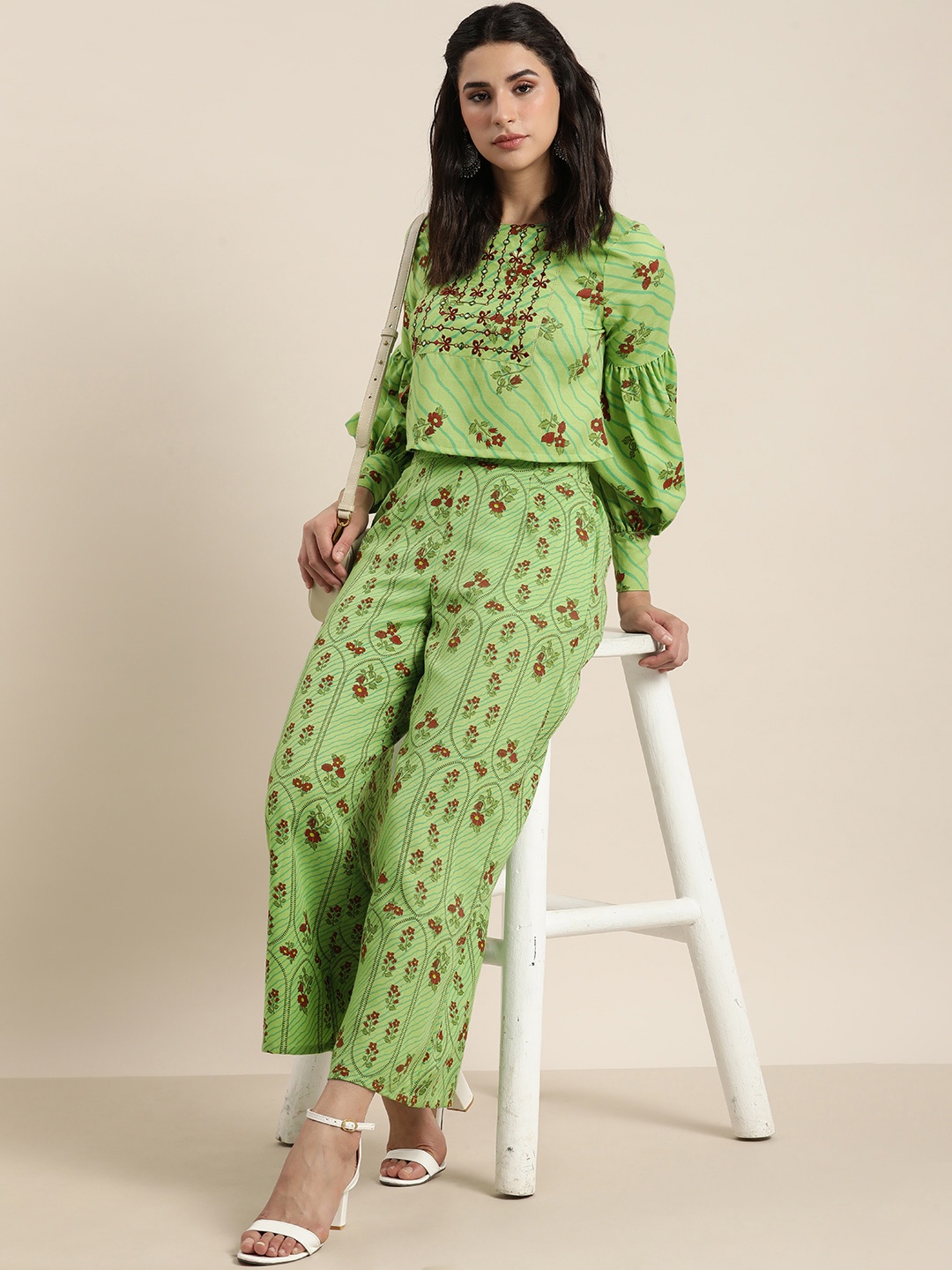 

Moda Rapido Women Green & Red Printed Top with Palazzos