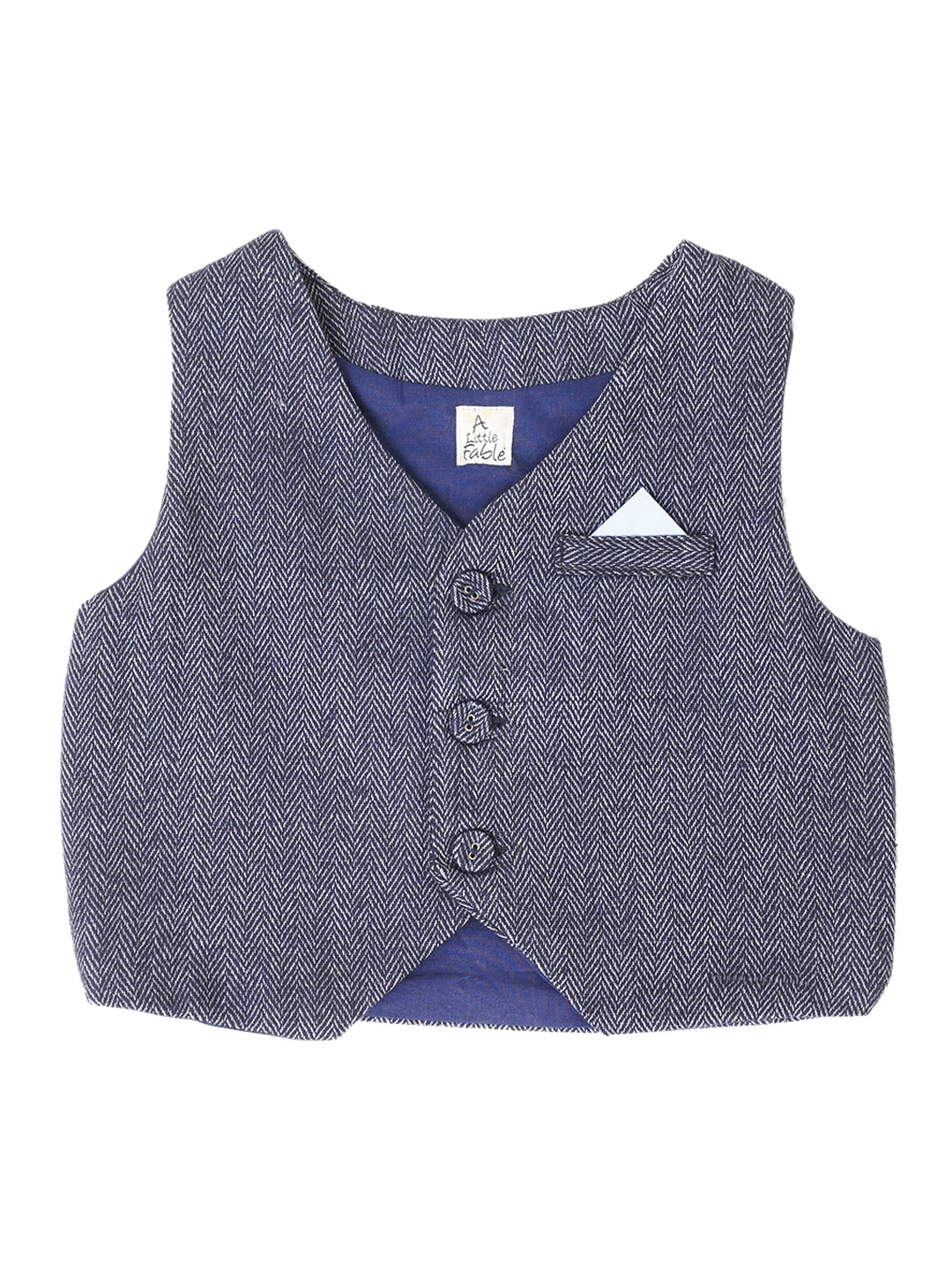 

A Little Fable Boys Navy Blue Self Design Pure Wool Waistcoat