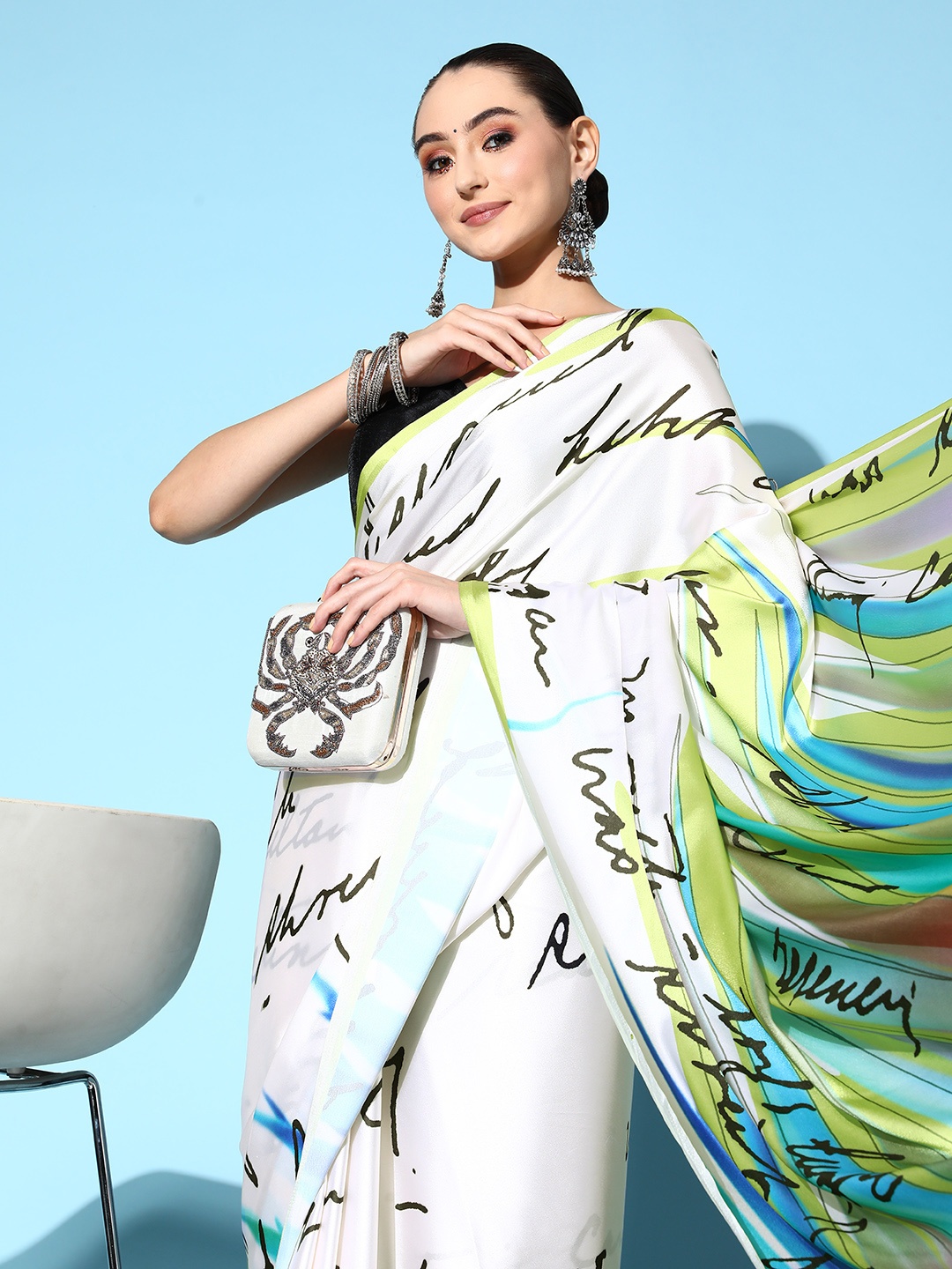 

Tikhi Imli Off White & Green Abstract Print Satin Saree