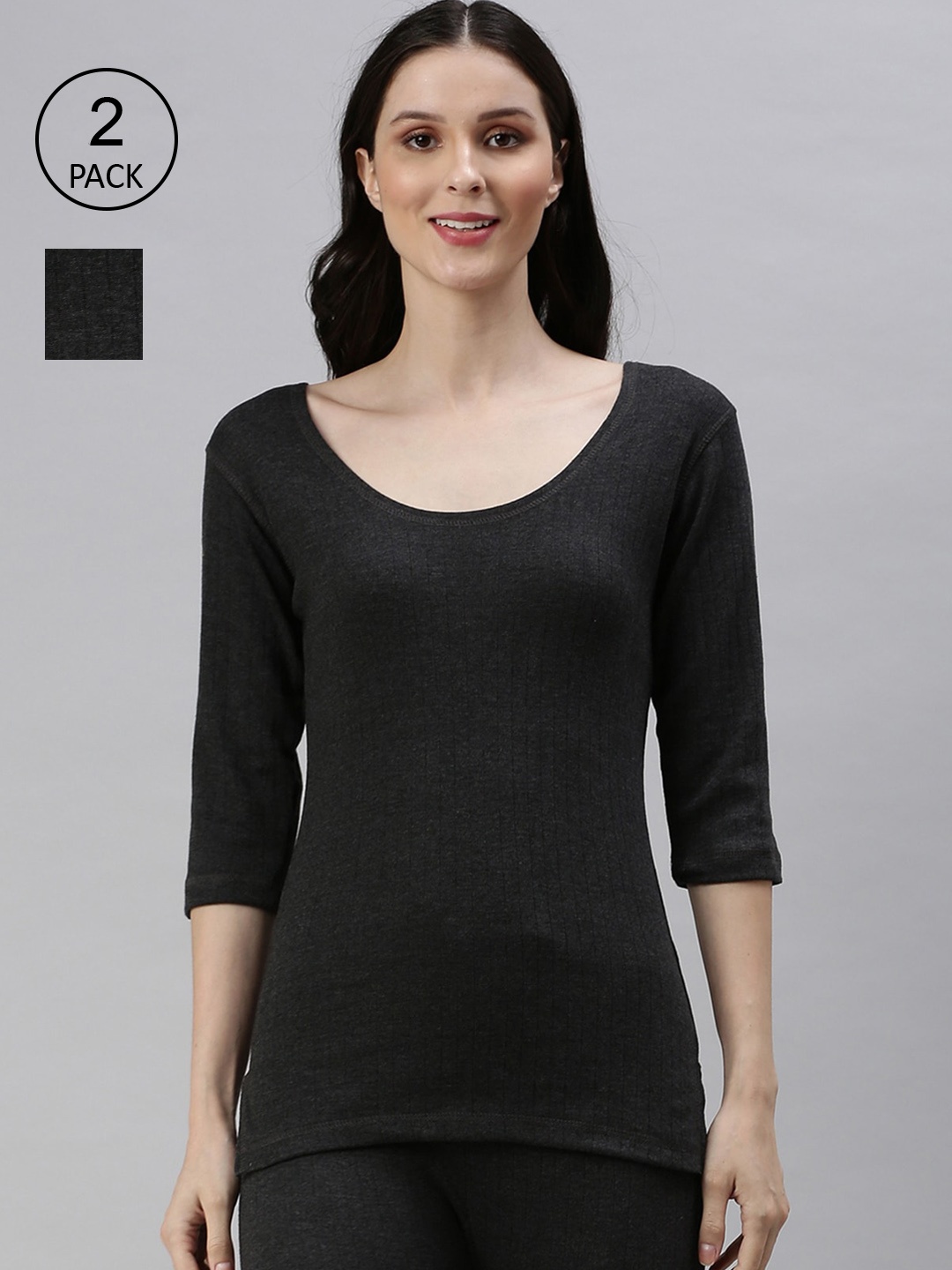 

LUX PARKER Women Pack Of 2 Black Solid Cotton Thermal Top
