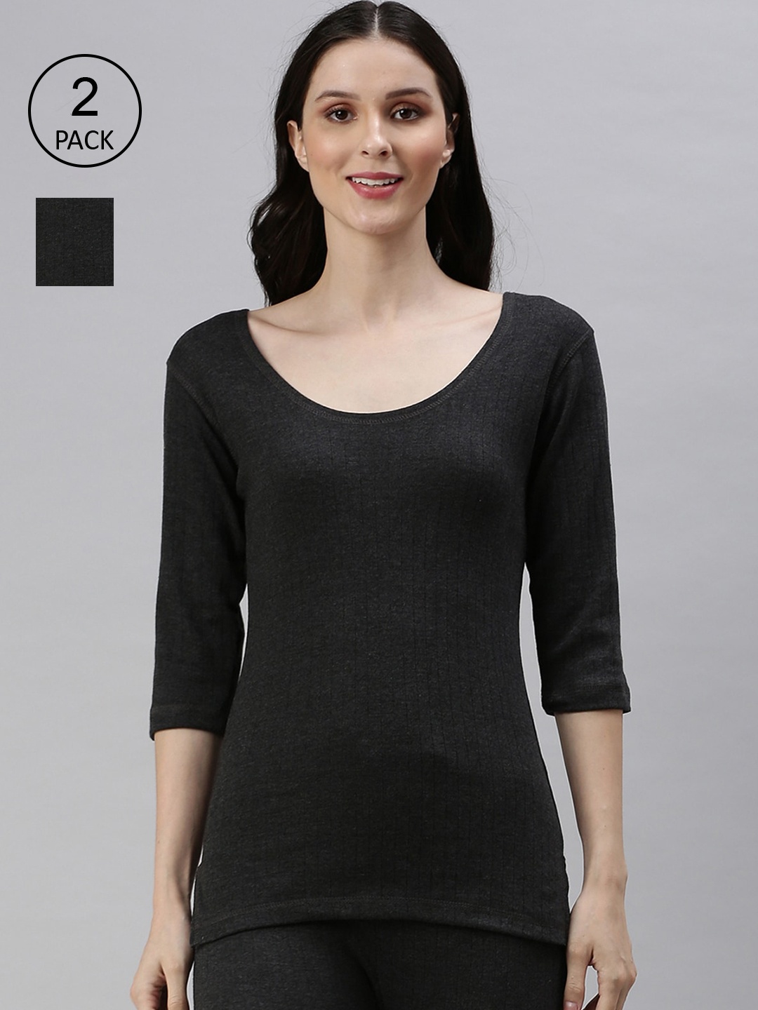 

LUX PARKER Women Pack Of 2 Black Solid Cotton Thermal Top