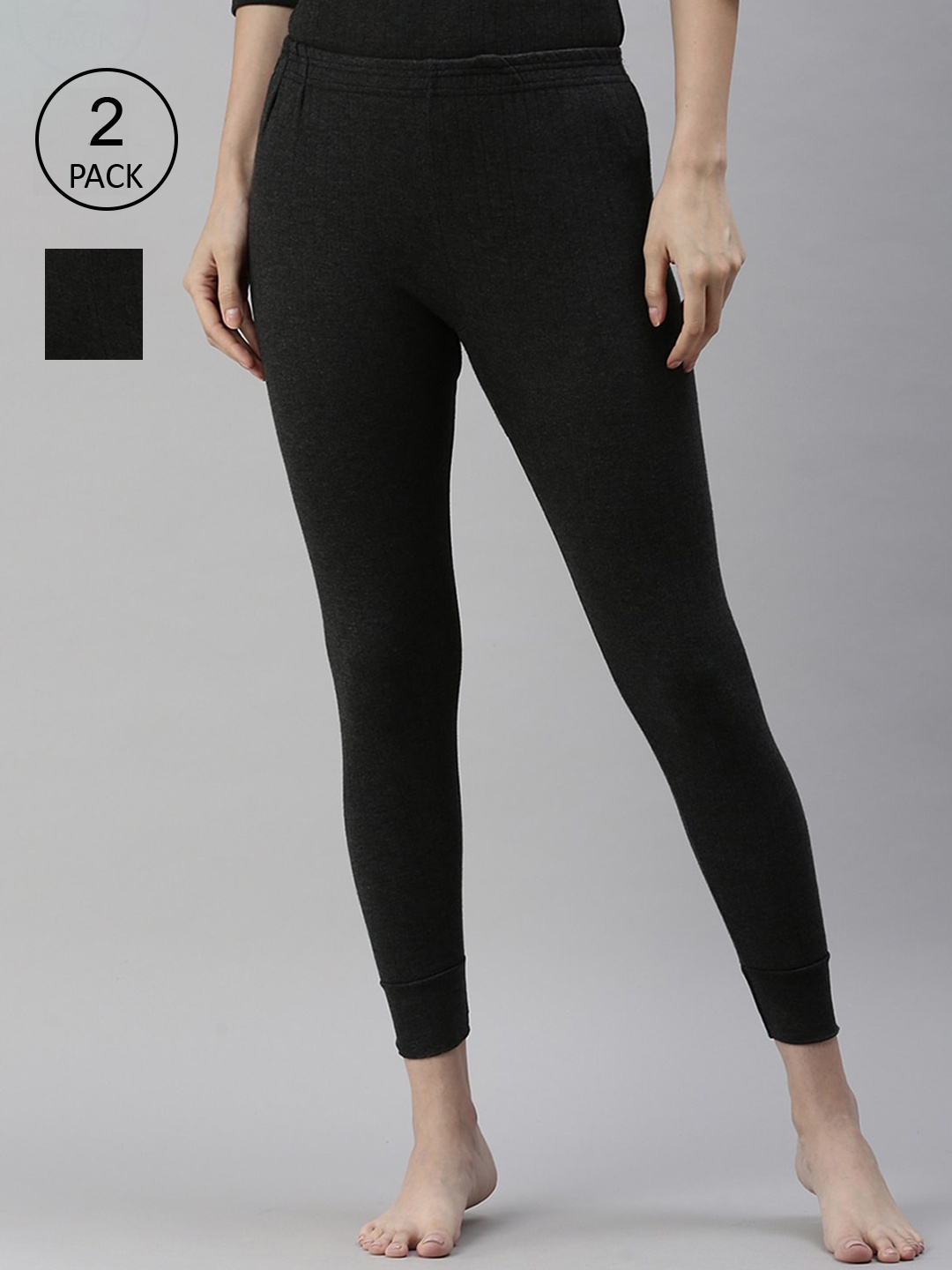 

LUX PARKER Women Pack Of 2 Black Solid Cotton Thermal Bottom