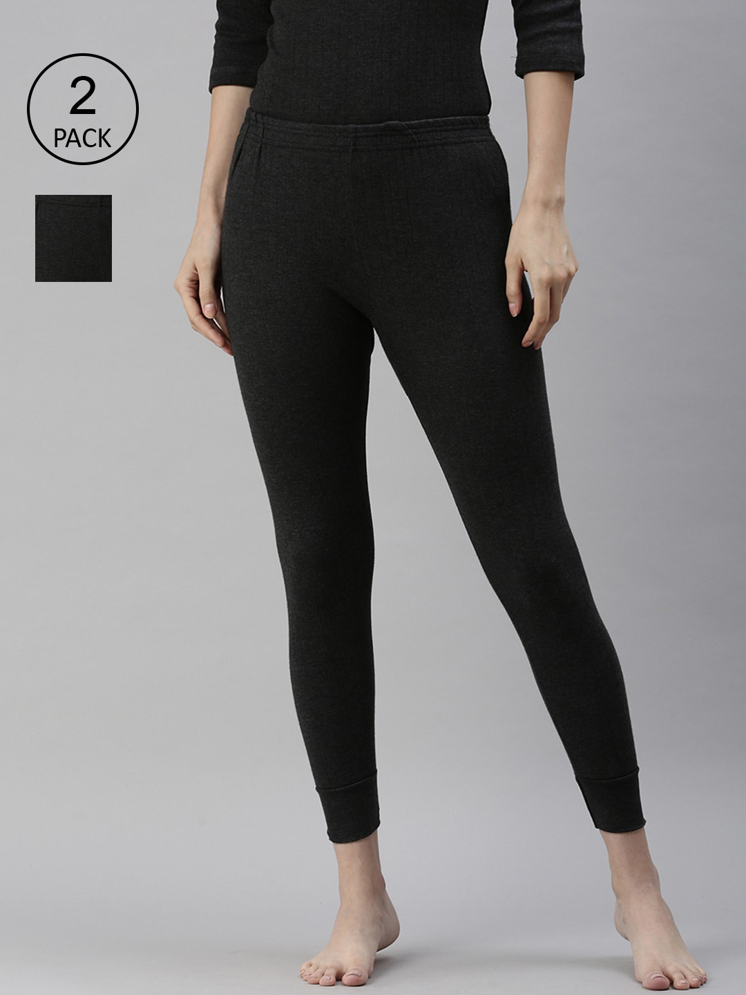 

LUX PARKER Women Pack Of 2 Solid Cotton Thermal Bottom, Black