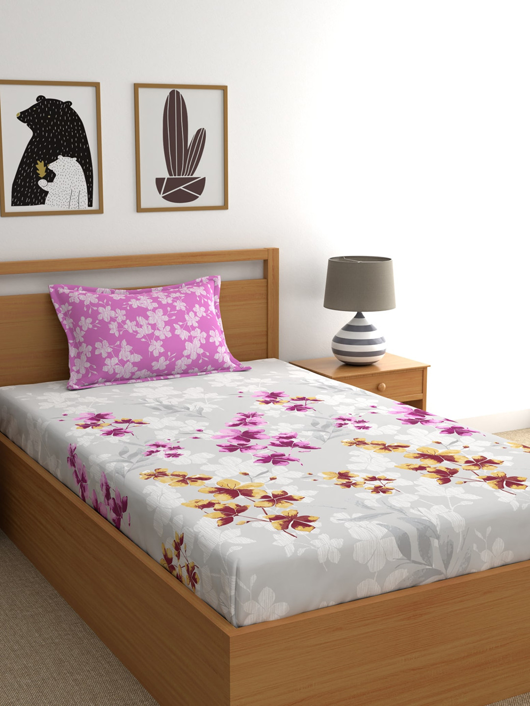 

Home Ecstasy Pink & Grey Floral 140 TC Single Bedsheet with 1 Pillow Covers