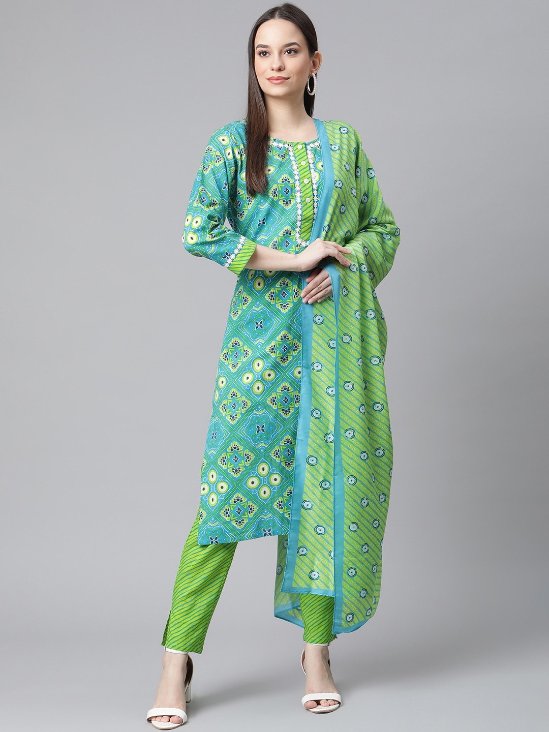 

Jompers Women Blue Ethnic Motifs Printed Pure Cotton Kurta with Trousers & With Dupatta