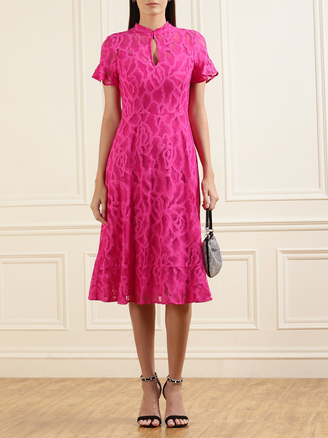 

Phase Eight Pink Lace Band-Neck Skater Maxi Dress